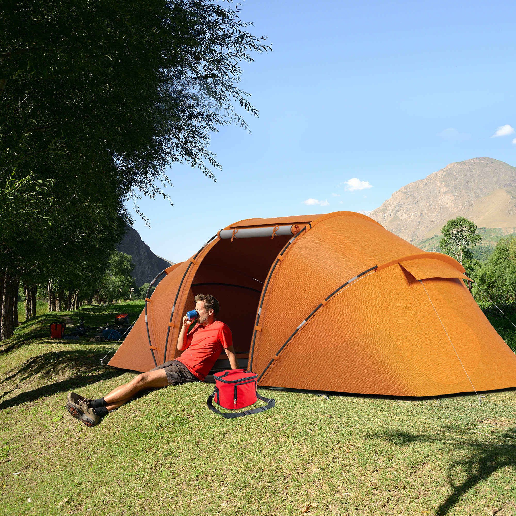 Tunnelzelt für 4-6 Personen, Campingzelt mit Tür, Bodenplane, 2000mm wasserdicht Orange