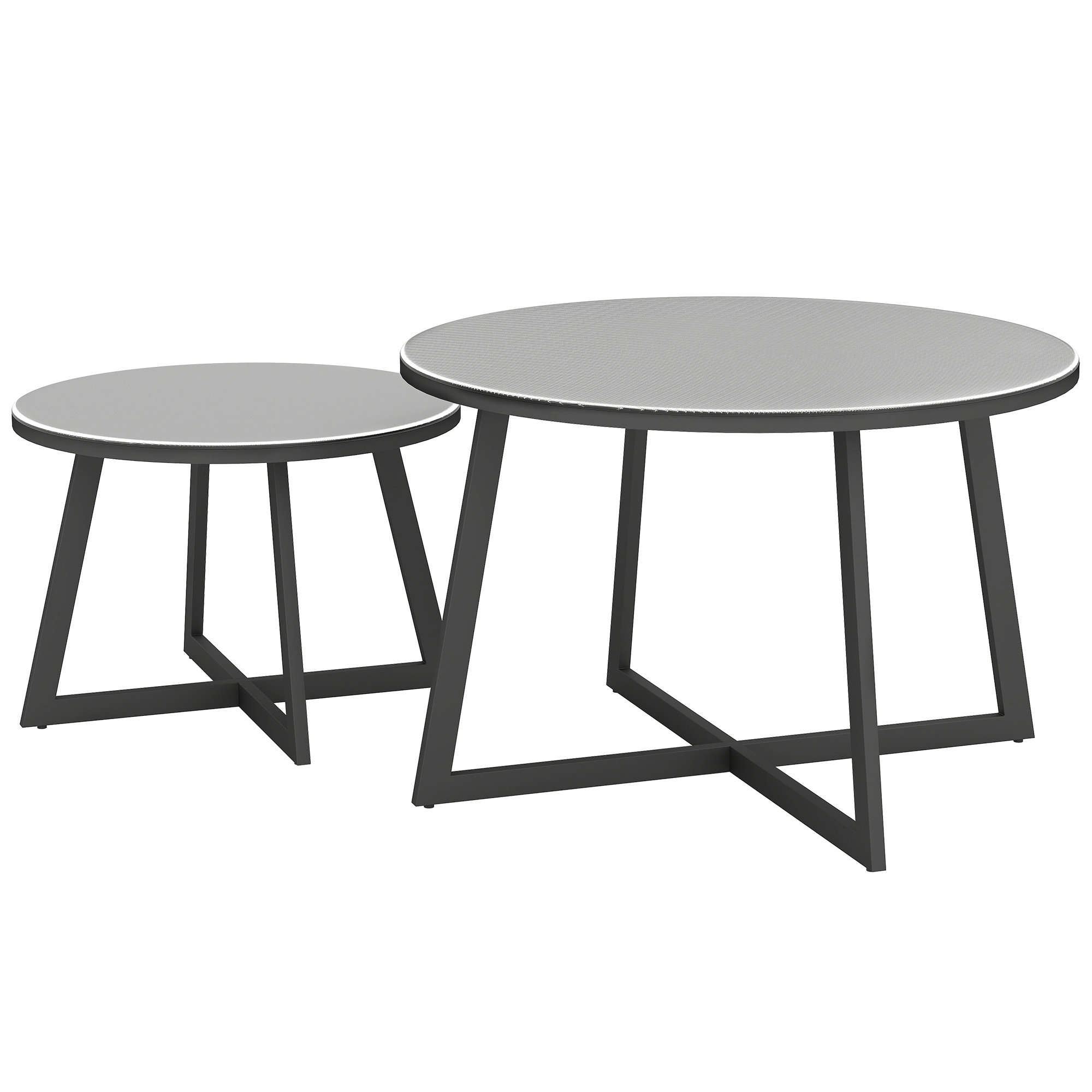 2er Set Beistelltisch Stapelbar Gartentisch Rund wetterfest Balkontisch mit X-Beine Glasplatte Stahl Schwarz+Grau