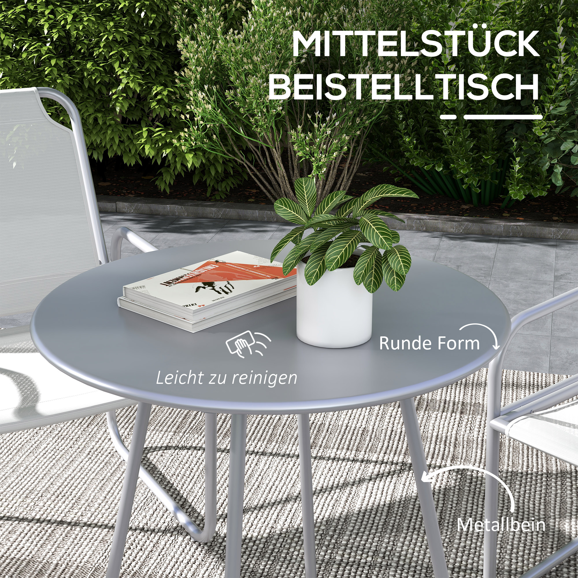 3-teiliges Gartenmöbelset, 2 Stühle mit atmungsaktivem Stoffbezug, 1 runder Tisch Ø60 cm, Hellgrau
