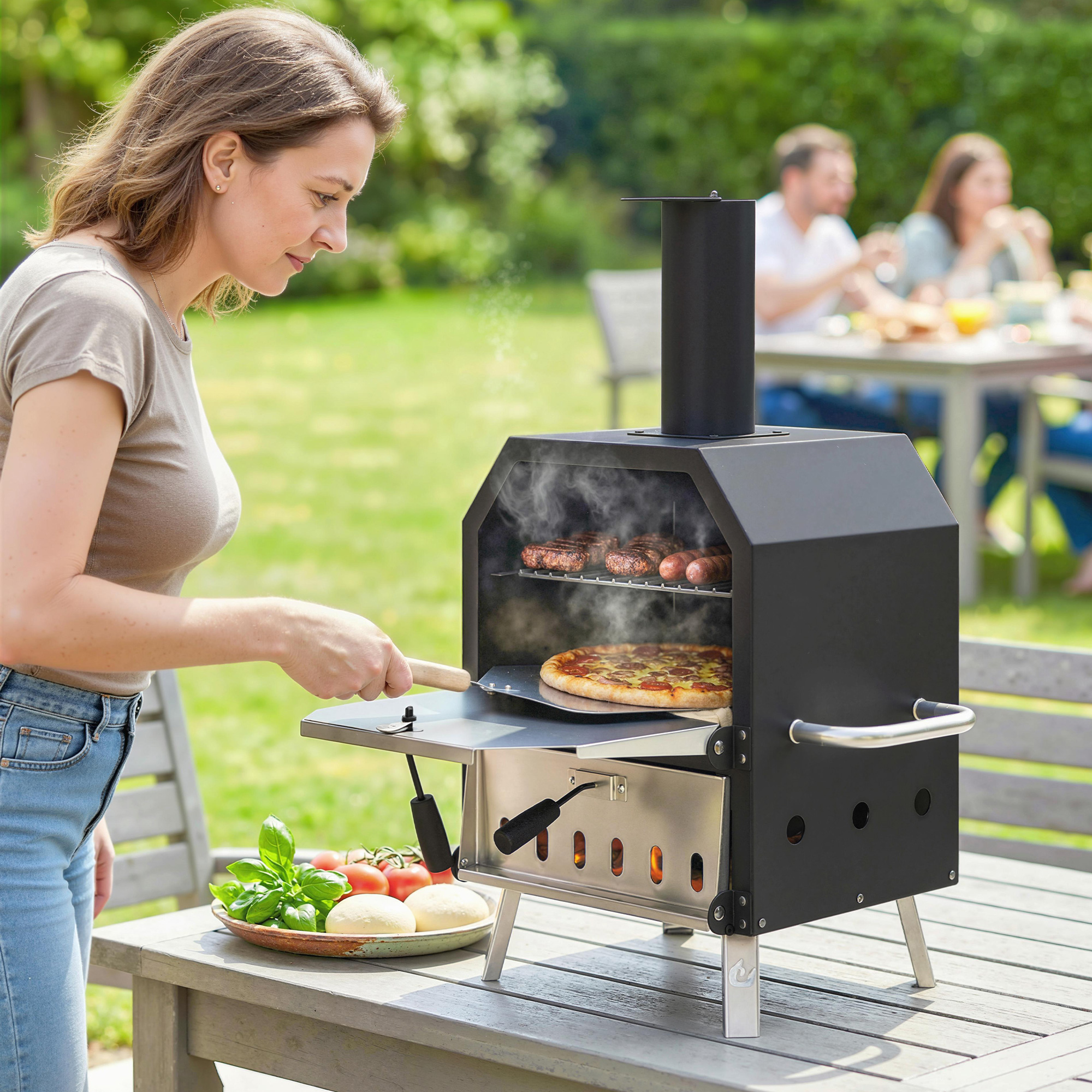 Outdoor Pizzaofen Holzbefeuerter Pizza Ofen Edelstahl 2 Ebene Backofen mit 1cm dick Pizzastein Klappbein