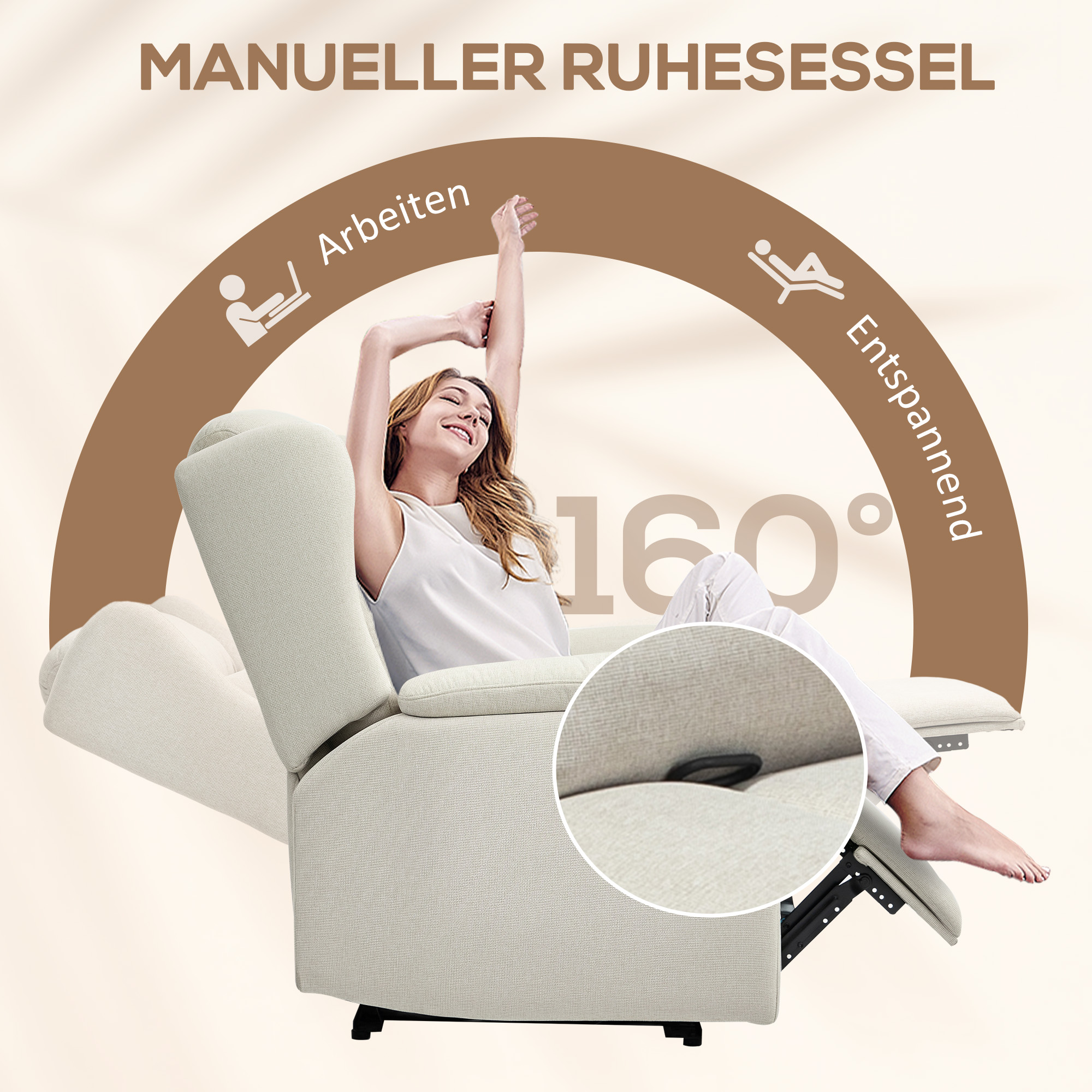 Relaxsessel, Verstellbarer Polstersessel mit Fußstütze, 160° neigbar, Leinenoptik, schneller Aufbau, Beige