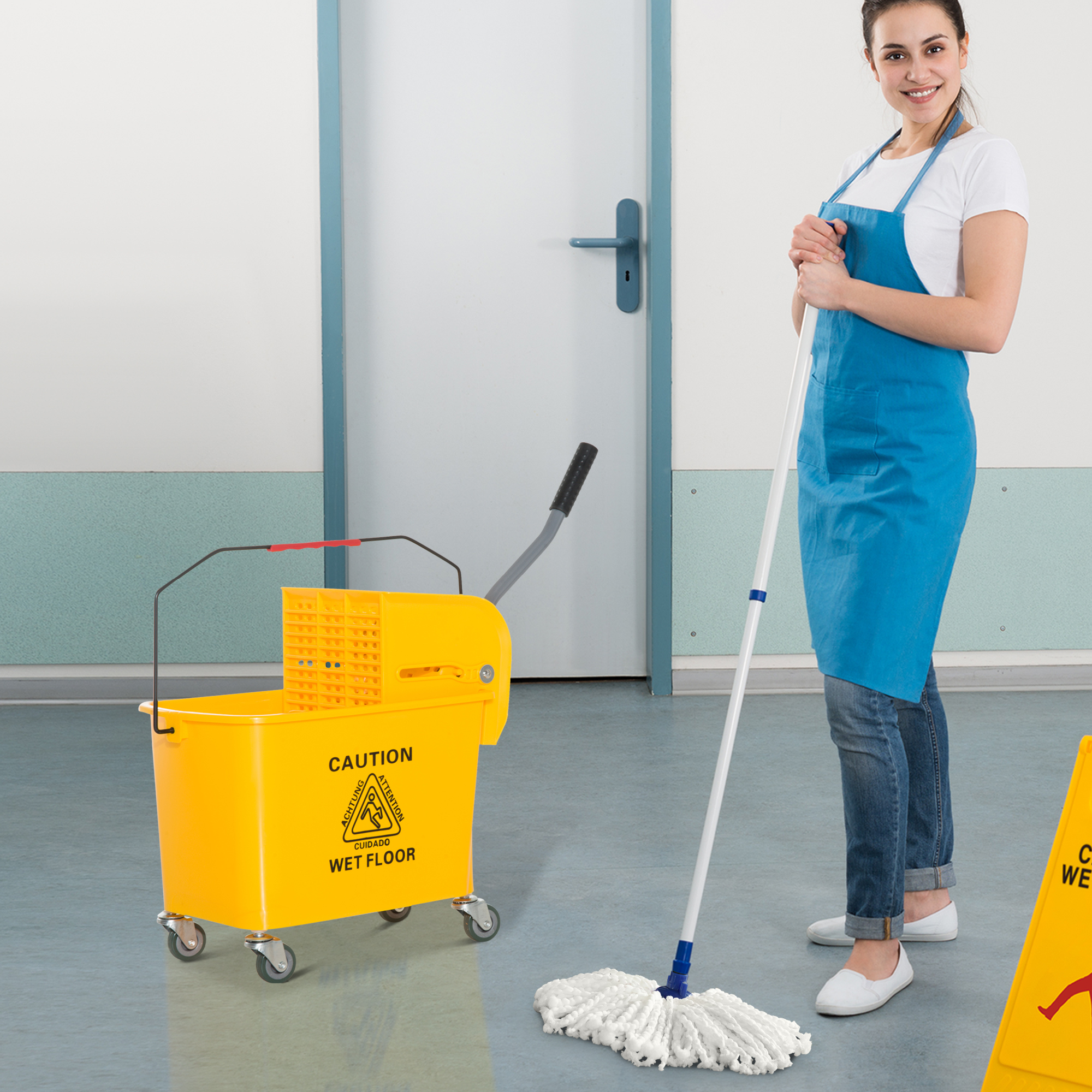 20l Mopp-Eimer mit Auswringer und Griff, Wischmopp-Eimer auf Rädern, Kunststoff, Gelb