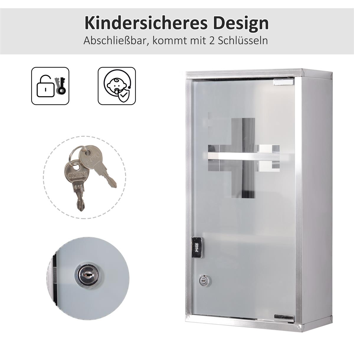 Medizinschrank aus Edelstahl Arzneischrank zur Medikamenten-Aufbewahrung, Abschließbar Medikamentenschrank mit 3 Fächer, Glastür 25 x 12 x 48 cm, Silber