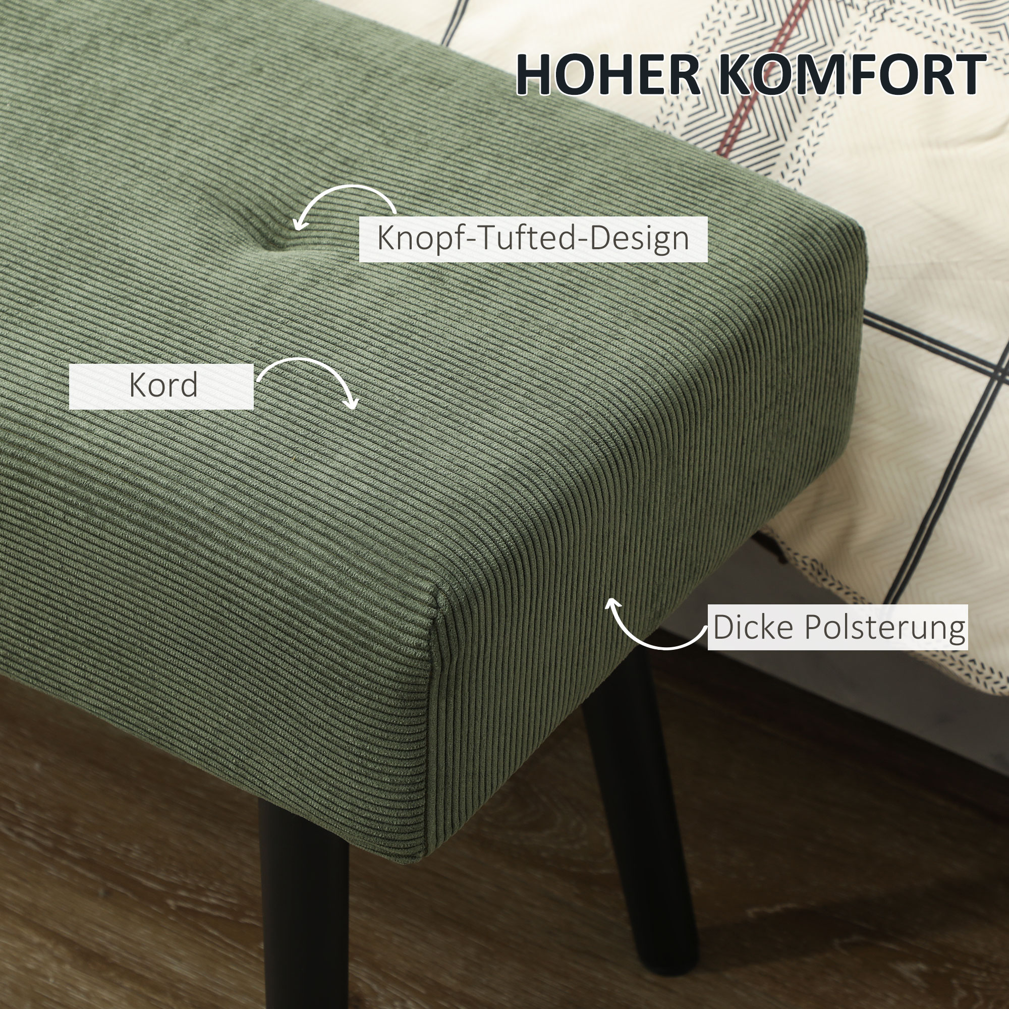 Sitzbank Polsterbank mit Cordbezug, Bettbank mit Metallbeine, Schuhbank 100 x 36 x 45 cm Grün