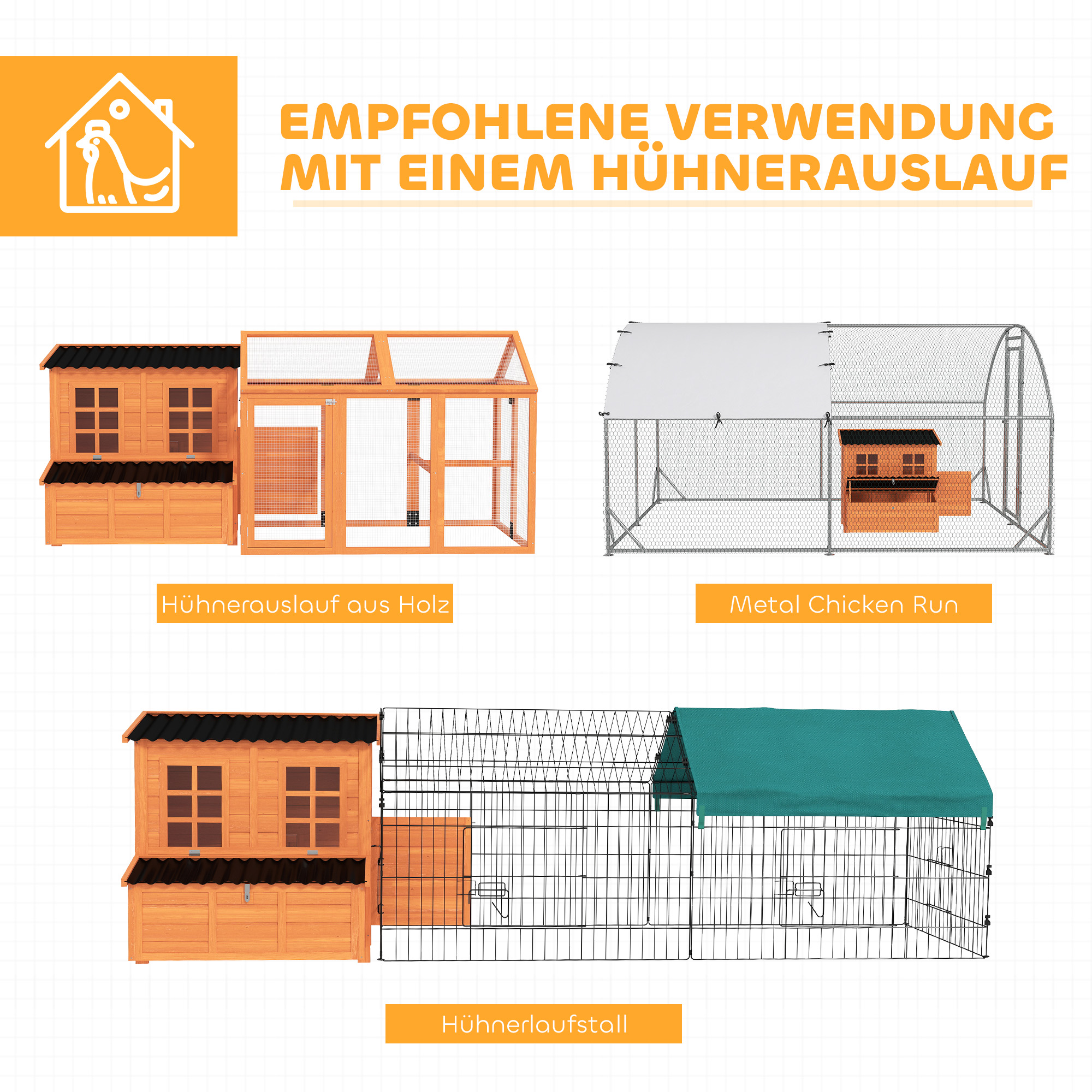 Hühnerstall mit Nestkasten für 3-4 Hühner, Wasserfestes Dach, Tannenholz, Kunststoff, 100 x 86 x 100 cm, Orange