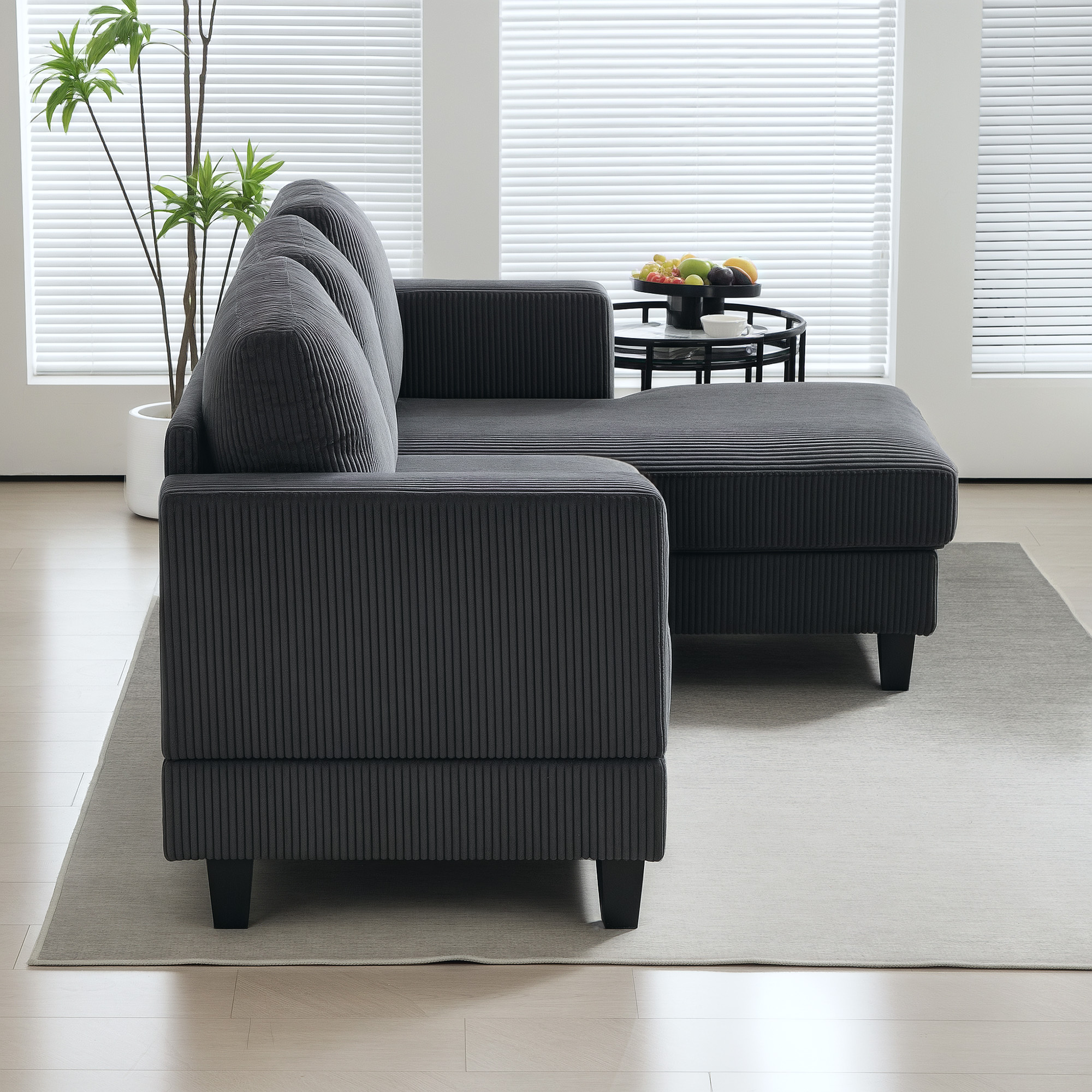 Ecksofa, L-förmiges 3-Sitzer-Sofa mit Chaiselongue, Holzkonstruktion, 8 Beine, Cordstoff, Schaumstoffpolsterung, Grau