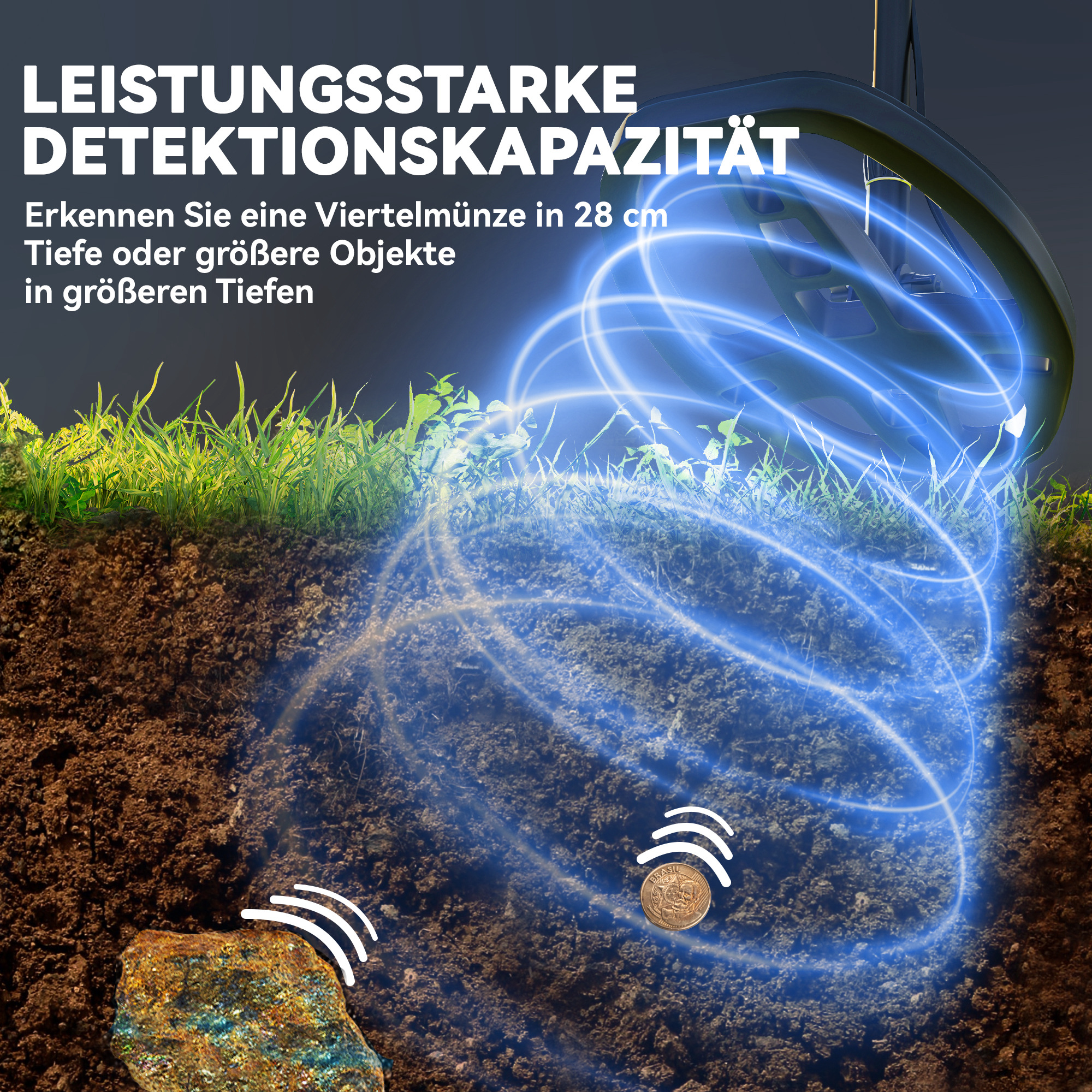 Metalldetektor für Erwachsene 5 Modi Tragbar Ortungsgerät mit Alarm Spule LCD-Display IP68 Wasserdicht Dunkelgrau
