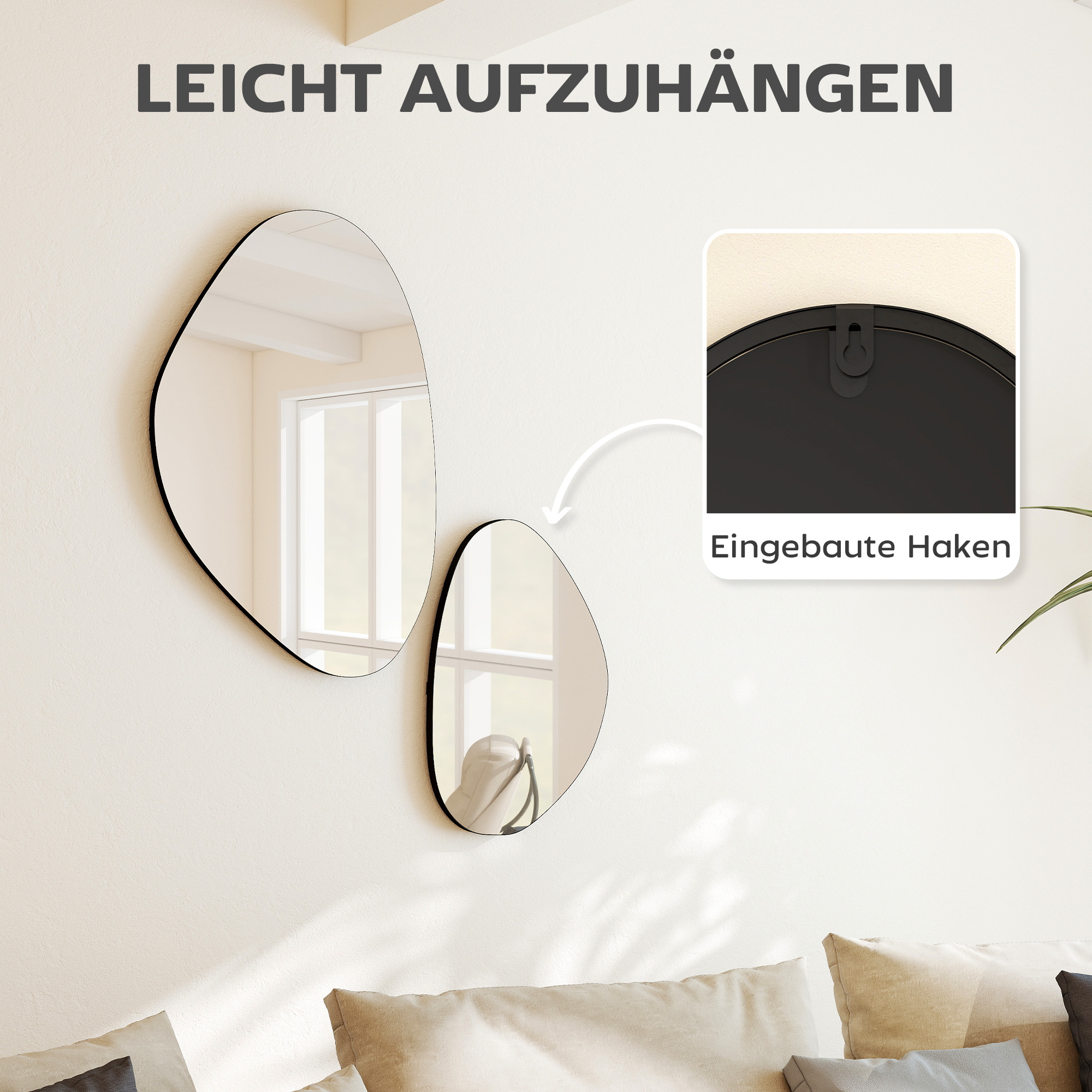 Wandspiegel 2er-Set 70 x 46 cm, 49,5 x 31 cm Fenster Spiegel mit Metallrahmen Hängespiegel in Kieselform, Schwarz