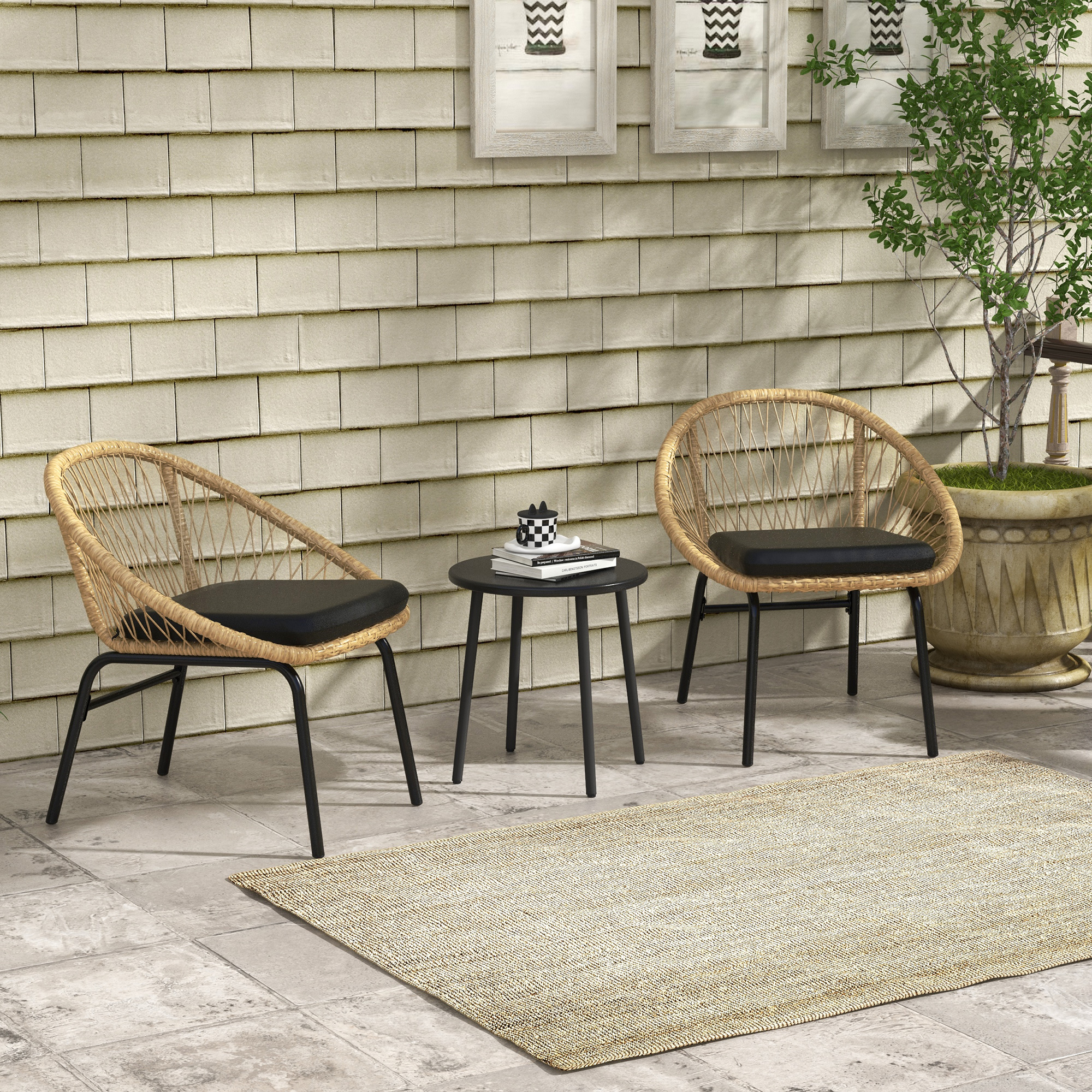 Rattan Terrassengarnitur, Gartenmöbel-Set, 2 Sessel & Tisch, Gelb