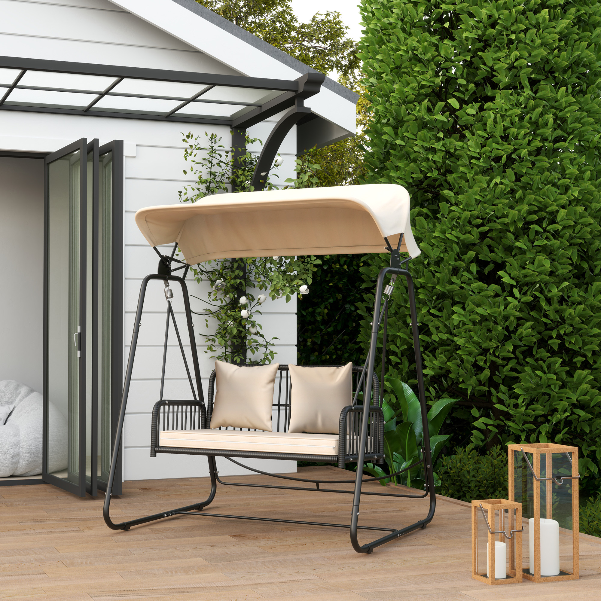 Hollywoodschaukel Rattan 2-Sitzer Gartenschaukel mit Sonnendach Kissen bis 240 kg 149 x 121 x 180 cm Khaki