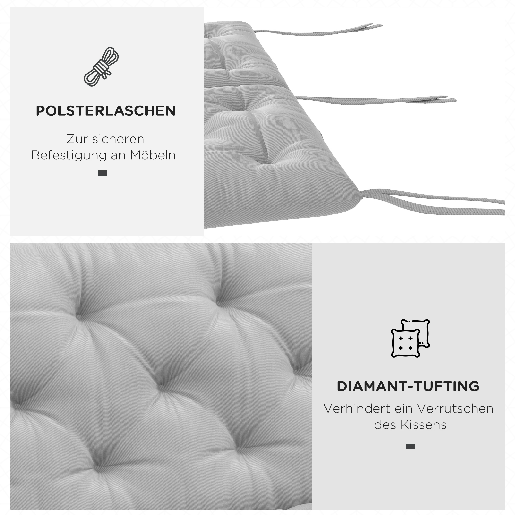 3 Sitzer Bankauflage 150x98x8 cm Bankkissen mit Bändern, Bankpolster für Gartenmöbel Hollywoodschaukel, Hellgrau
