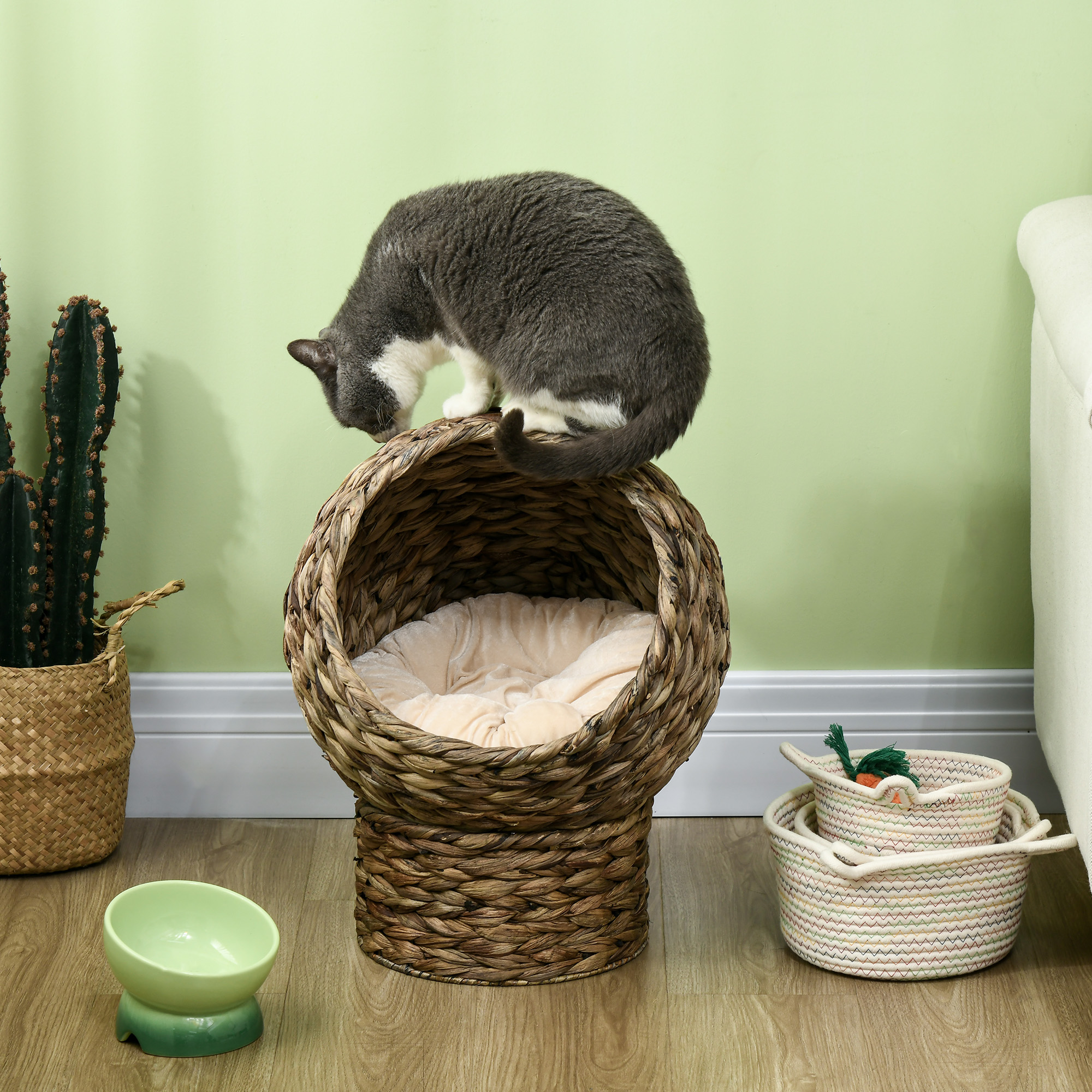 Rattan Katzenkorb Katzenhöhle Katzenhütte Katzenbett mit Kissen Haustierbett Wasserhyazinthe Kaffee 40 x 37 x 51 cm