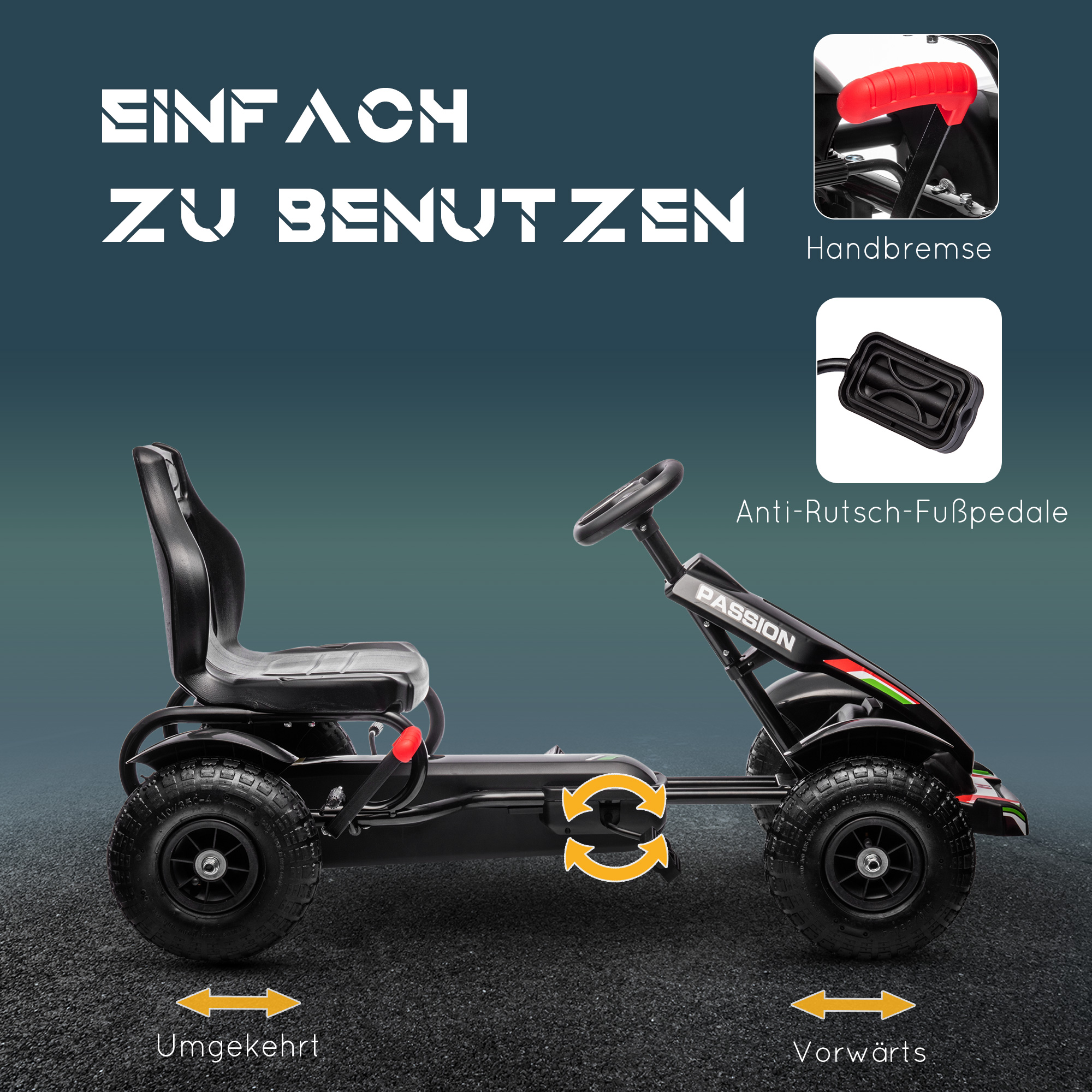 Kinder-Gokart, verstellbarer Sitz, Handbremse, ab 5 Jahren, 121 x 58 x 61 cm, Schwarz