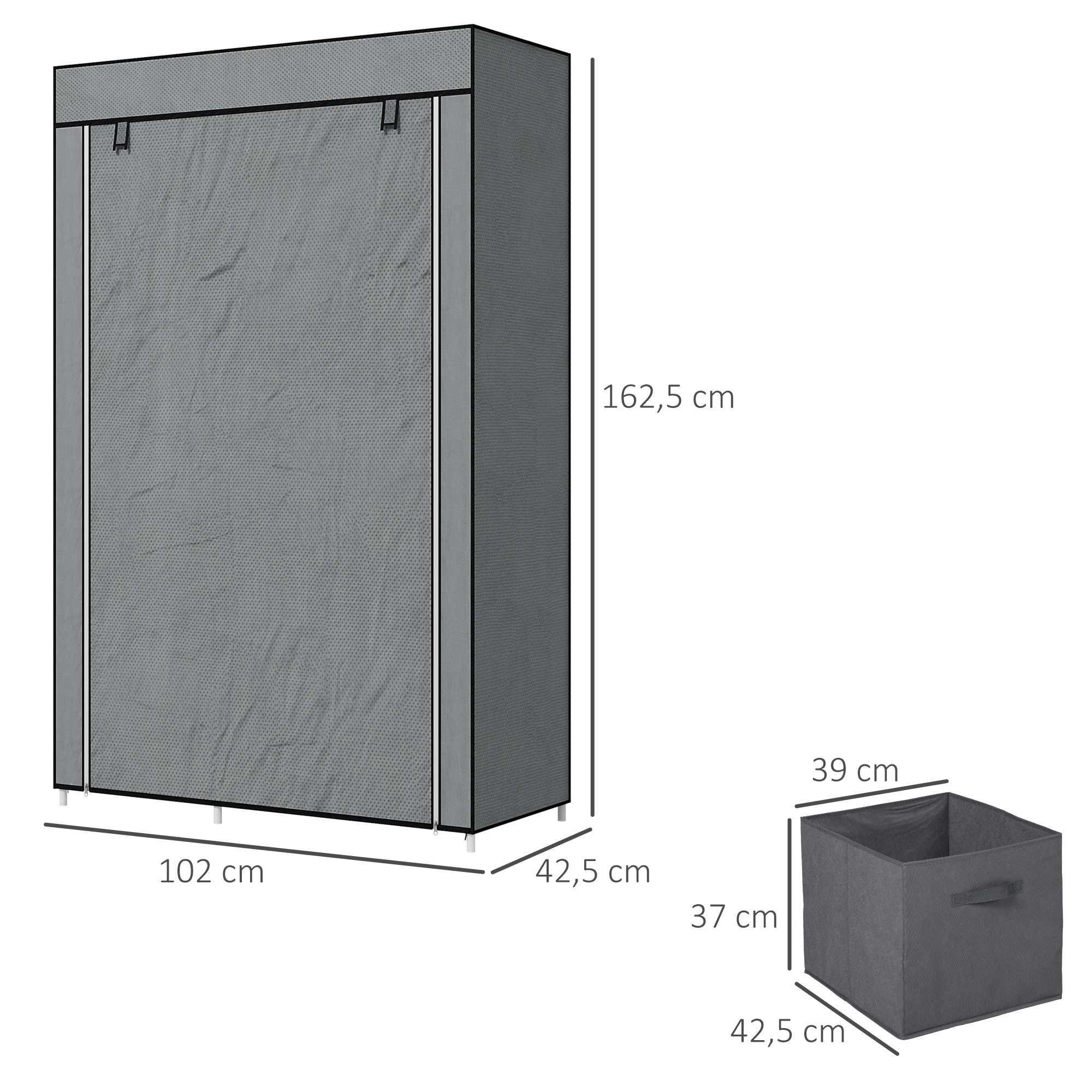 Stoffschrank Kleiderschrank faltbarer Schrank, 1 Kleiderstange, 6 Regalböden, 102 x 42.5 x 162.5 cm, Grau
