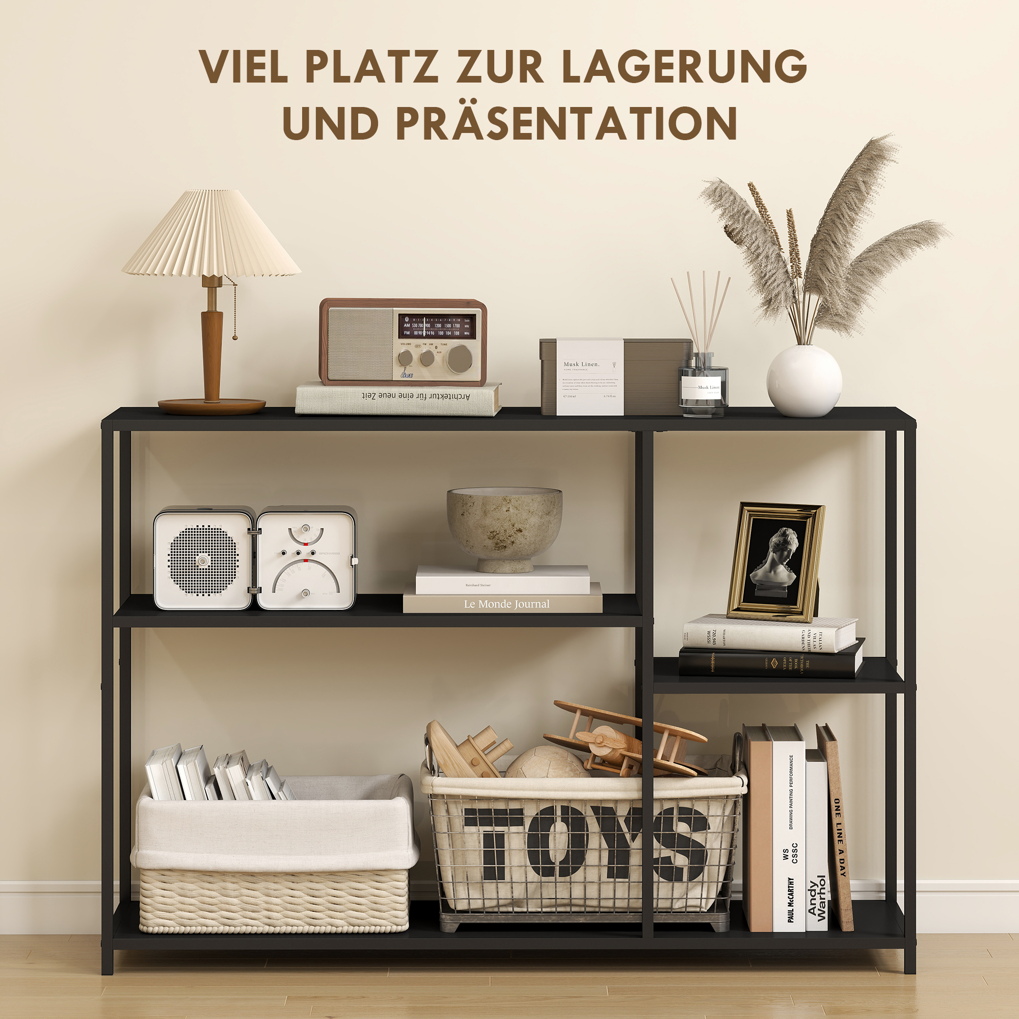 Konsolentisch, 4 Ebenen, Stahlrahmen, für Flur, Wohnzimmer, Schwarz
