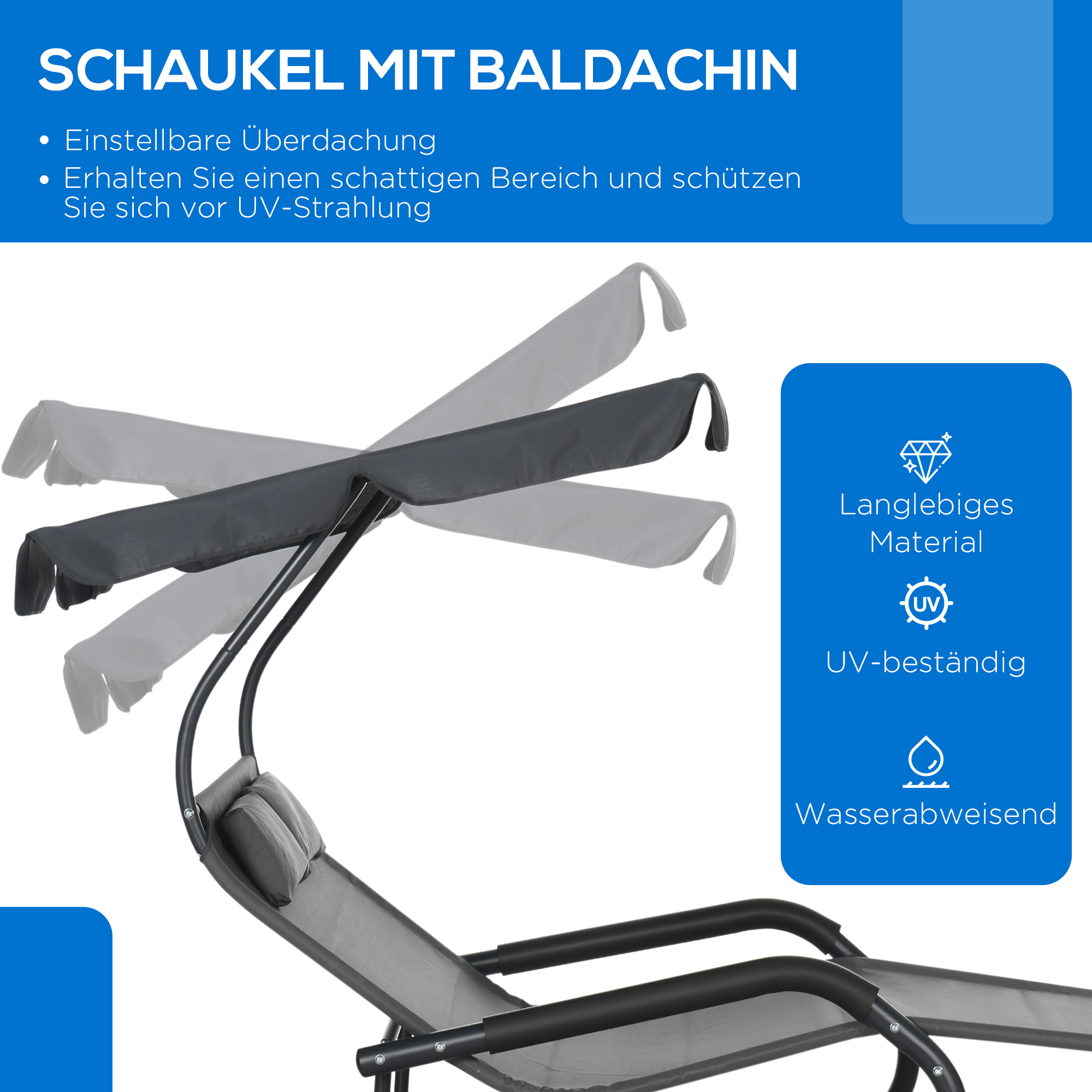 Doppel-Sonnenliege für 2 Personen, inkl. Kissen u. Baldachin, 200 cm x 139 cm x 140 cm, Dunkelgrau