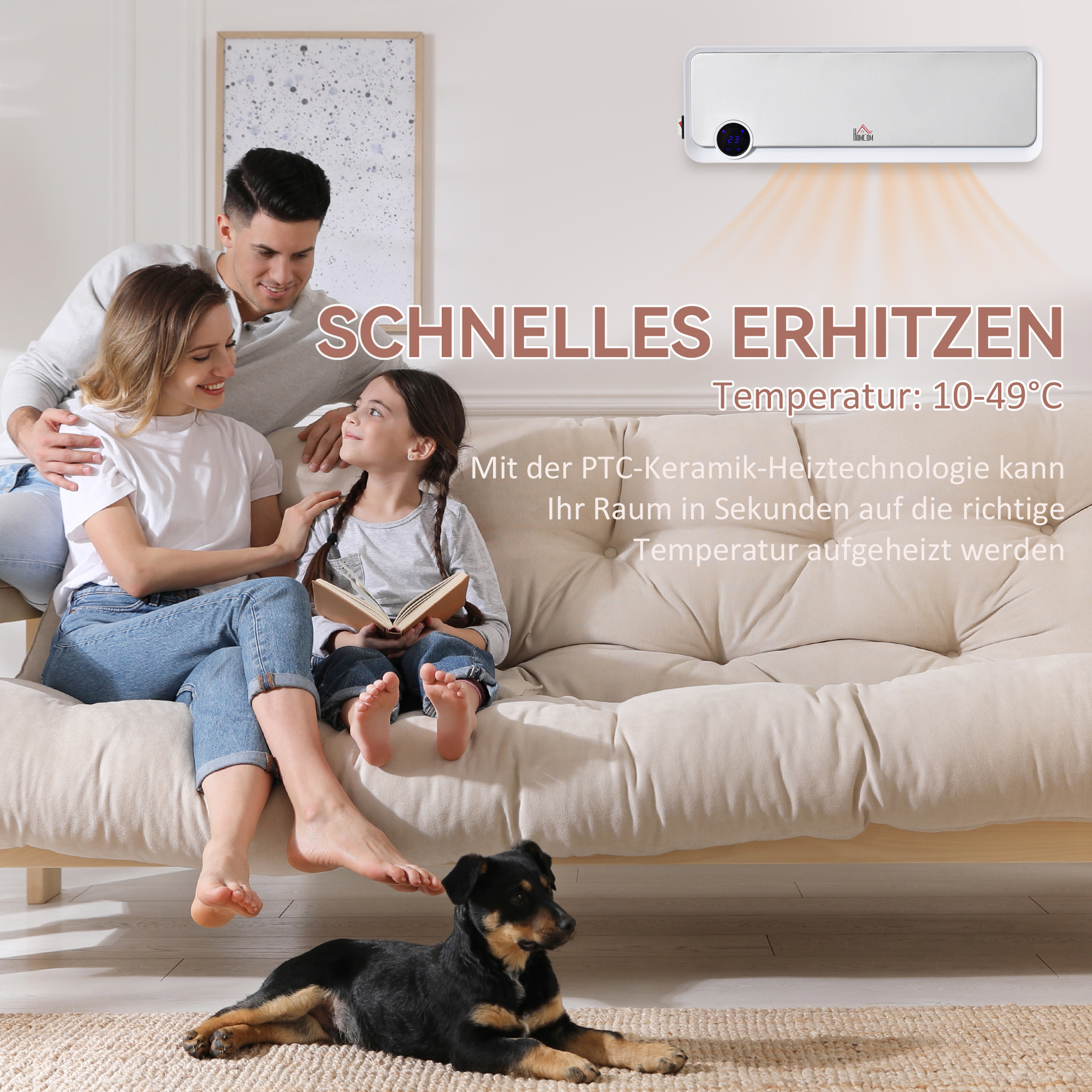 Heizlüfter zur Wandmontage 2000W mit Fernbedienung, 3 Betriebsmodi, LED-Display 12h Timer