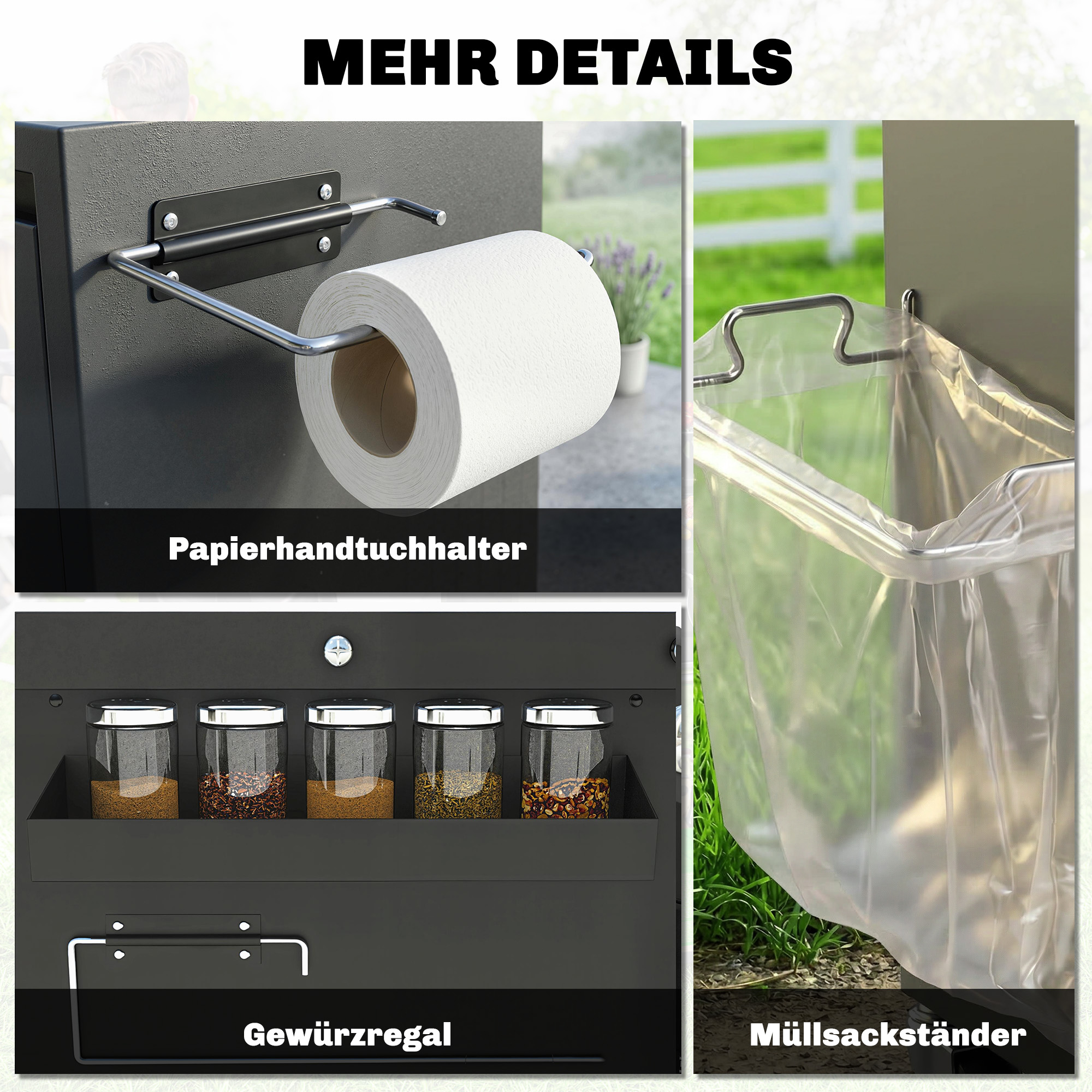 Grillwagen 5-Etagen Grilltisch mit Edelstahl Arbeitsfläche verstellbar Regale Schublade Rollen Gewürzhalter Müllständer