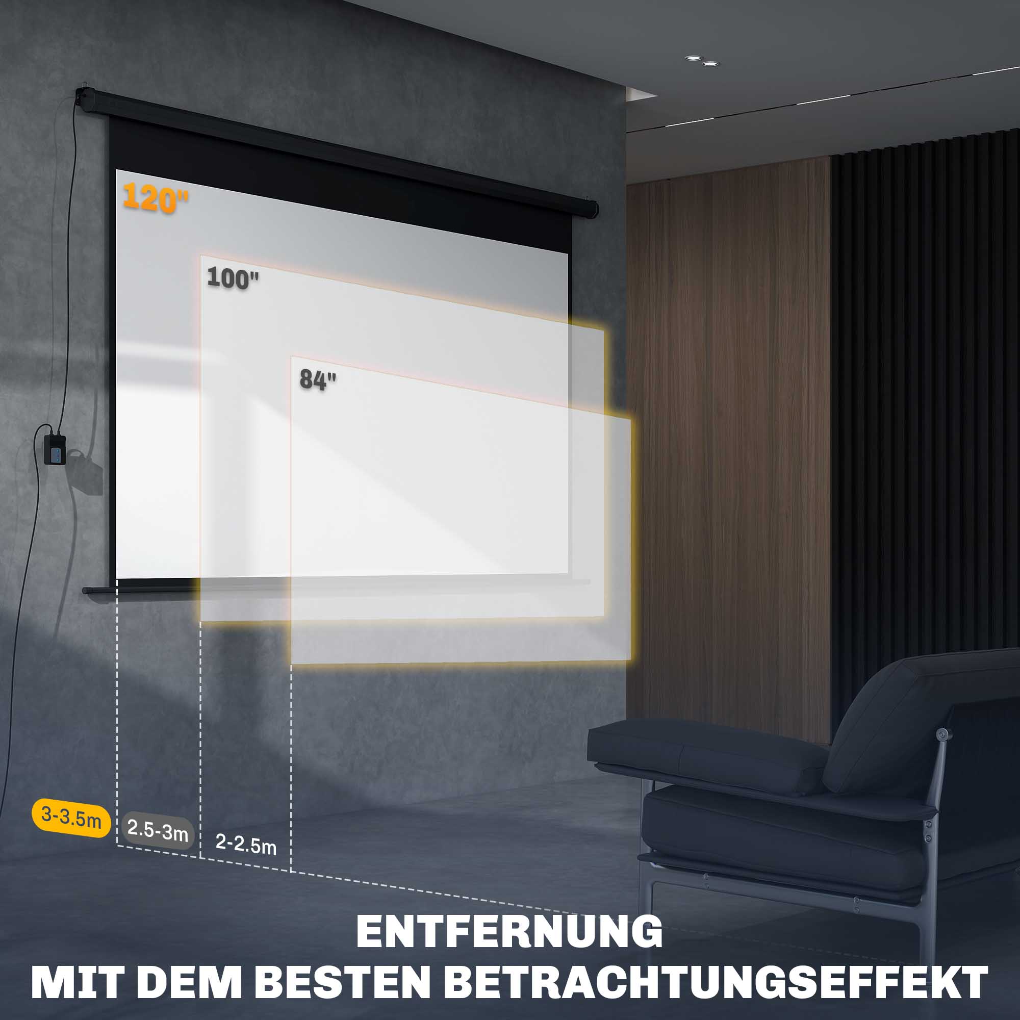 Beamer-Leinwand, 16:9 Format, Fernbedienung, 266 x 149 cm (120 Zoll), Schwarz