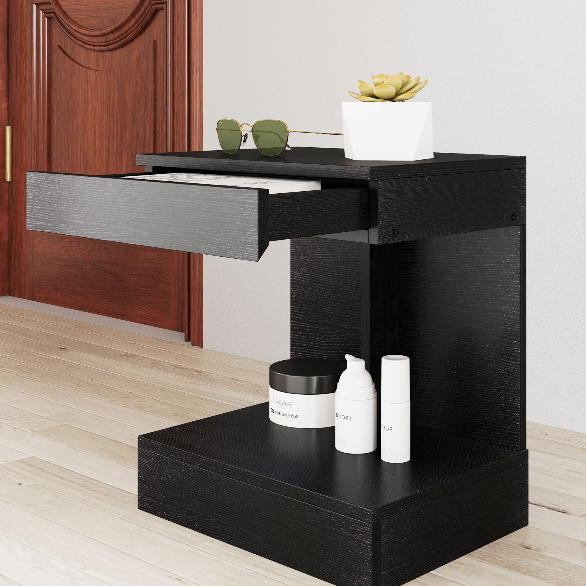 Nachttisch, Beistelltisch mit Schublade und Ablagefach, Moderner Sofatisch mit Regal für verschiedene Räume, Schwarz
