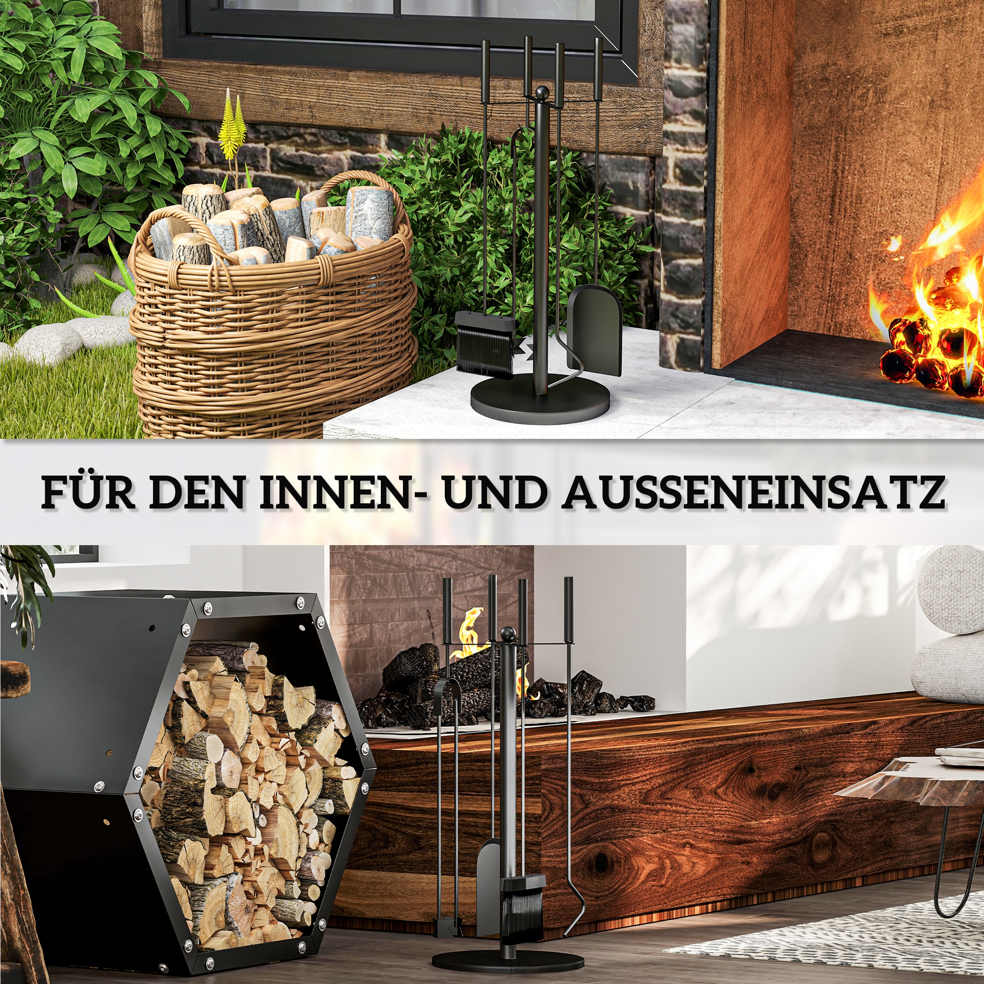 Kaminbesteck, 5-teilig, Besen, Schaufel, Zange, Schürhaken und Ständer, feuerfestes Metall, Schwarz