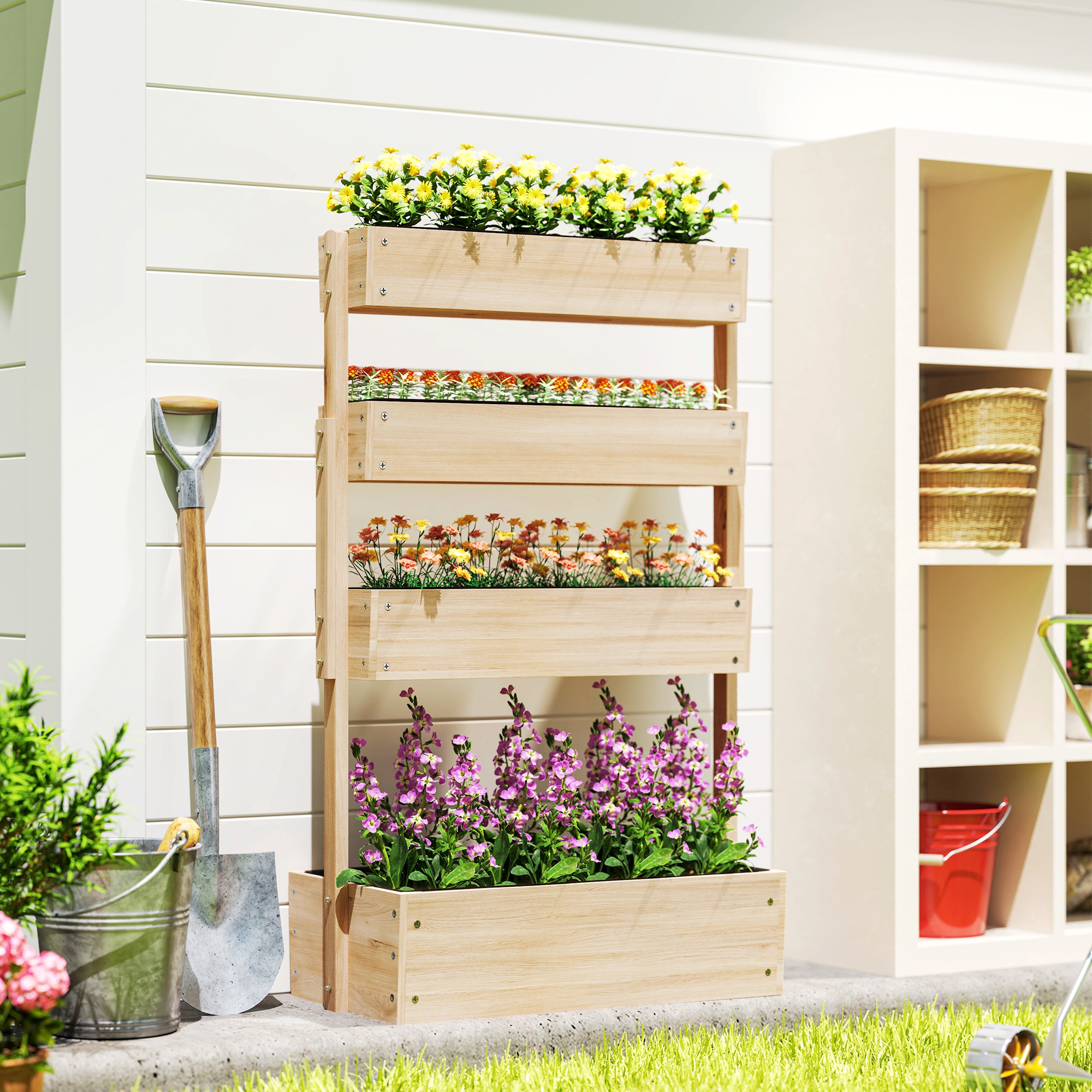 Hochbeet Holz, 4 Ebene Pflanzbeet mit Entwässerungslöcher Frühbeet Gartenbeet 88,5 x 45 x 140 cm Naturholz