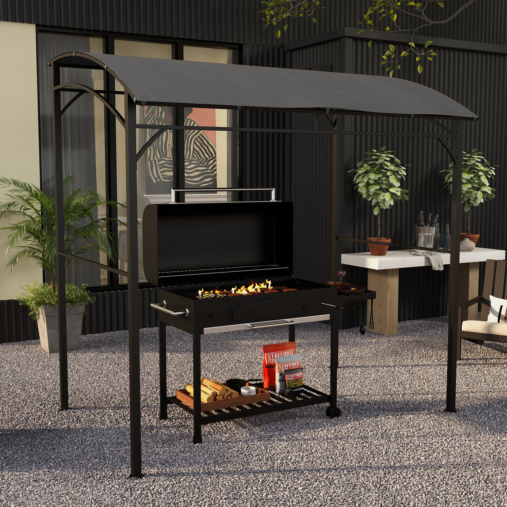 Grillpavillon, Grillüberdachung, Regenschutz, Haken für Utensilien, Stahlrahmen, Dunkelgrau, 215 x 150 x 182/220 cm