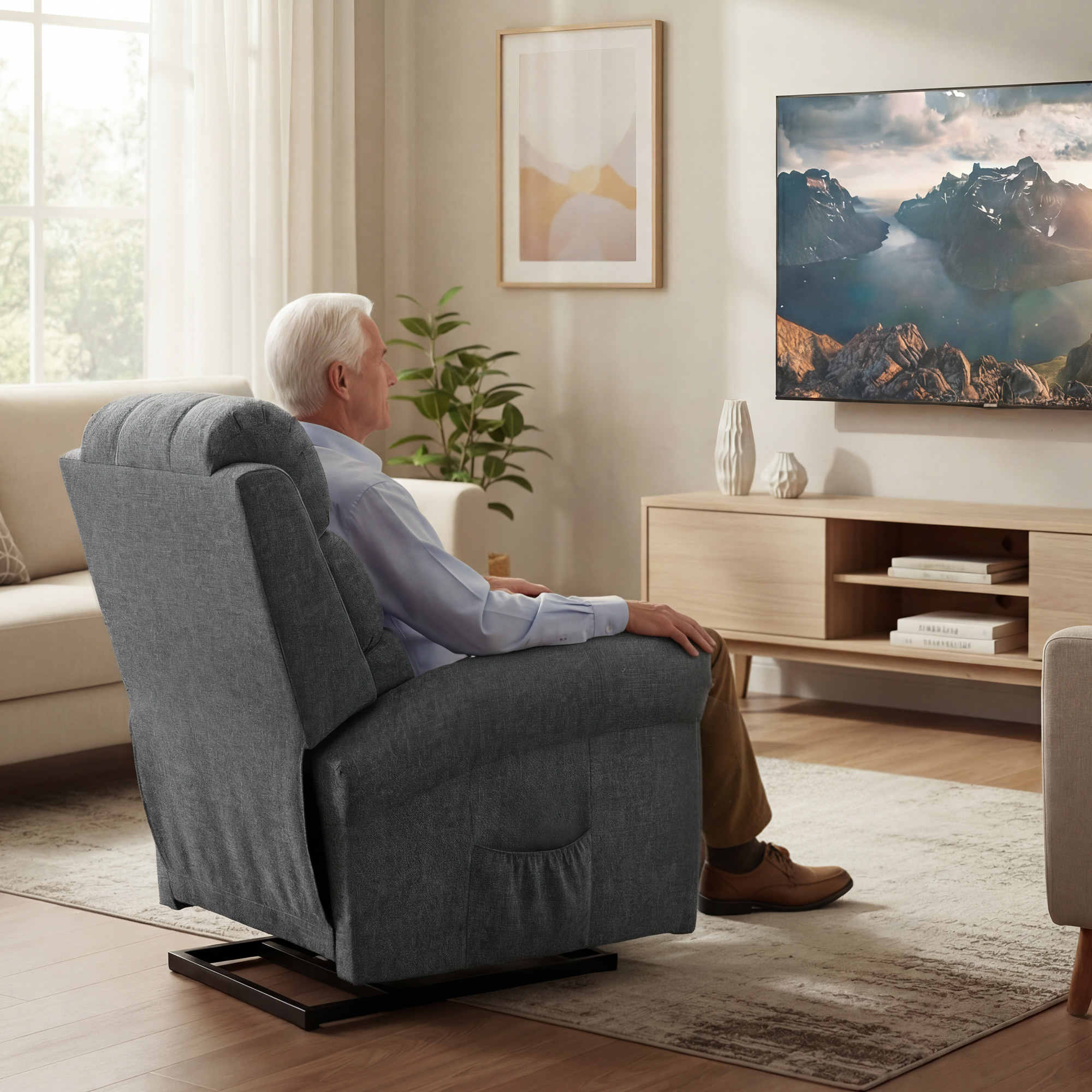 Massagesessel mit Aufstehhilfe, Relaxsessel, Vibrationsköpfe, mit Neigefunktion, Leinenoptik, Grau