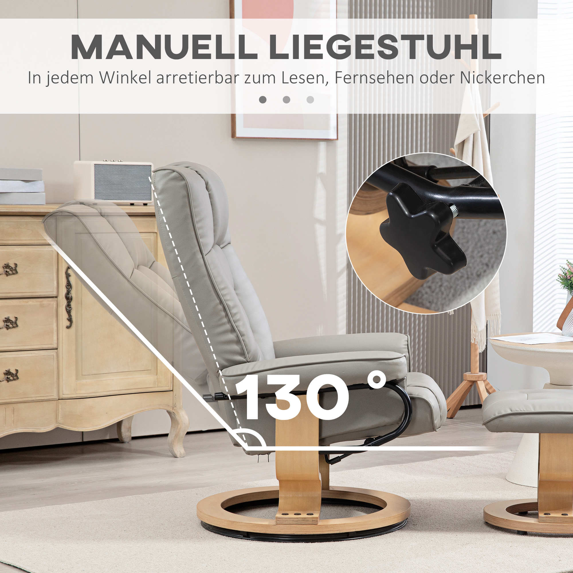Relaxsessel mit Hocker, drehbar & neigbar, Kunstlederbezug, bis 150 kg, Holzgestell, Grau