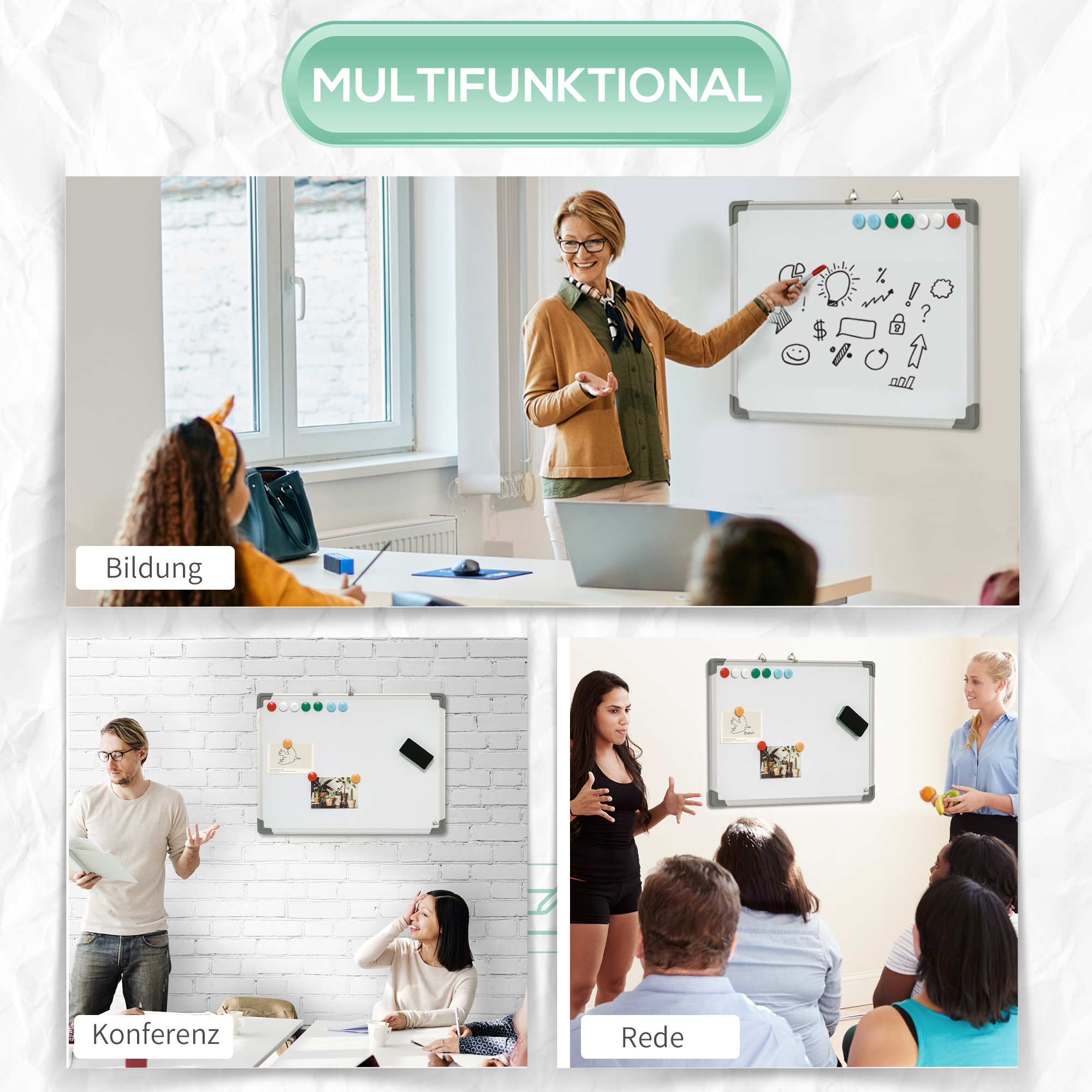 Whiteboard Magnettafel, leicht abwischbar, mit 4 Markern, 10 Magneten, 1 Radierer, 60 x 1,8 x 45cm
