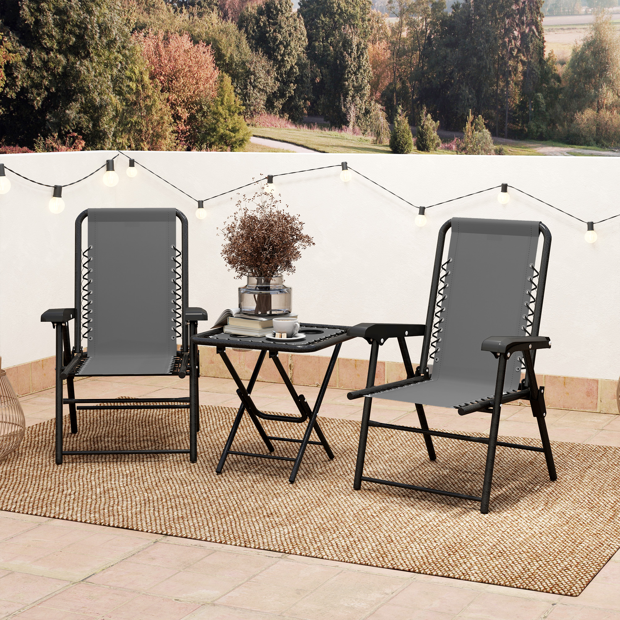 Bistro Set 3-teilig aus Stahl Wetterfest Gartenmöbel Set mit klappbar Bistrotisch Becherhalter Gartenstühlen Dunkelgrau