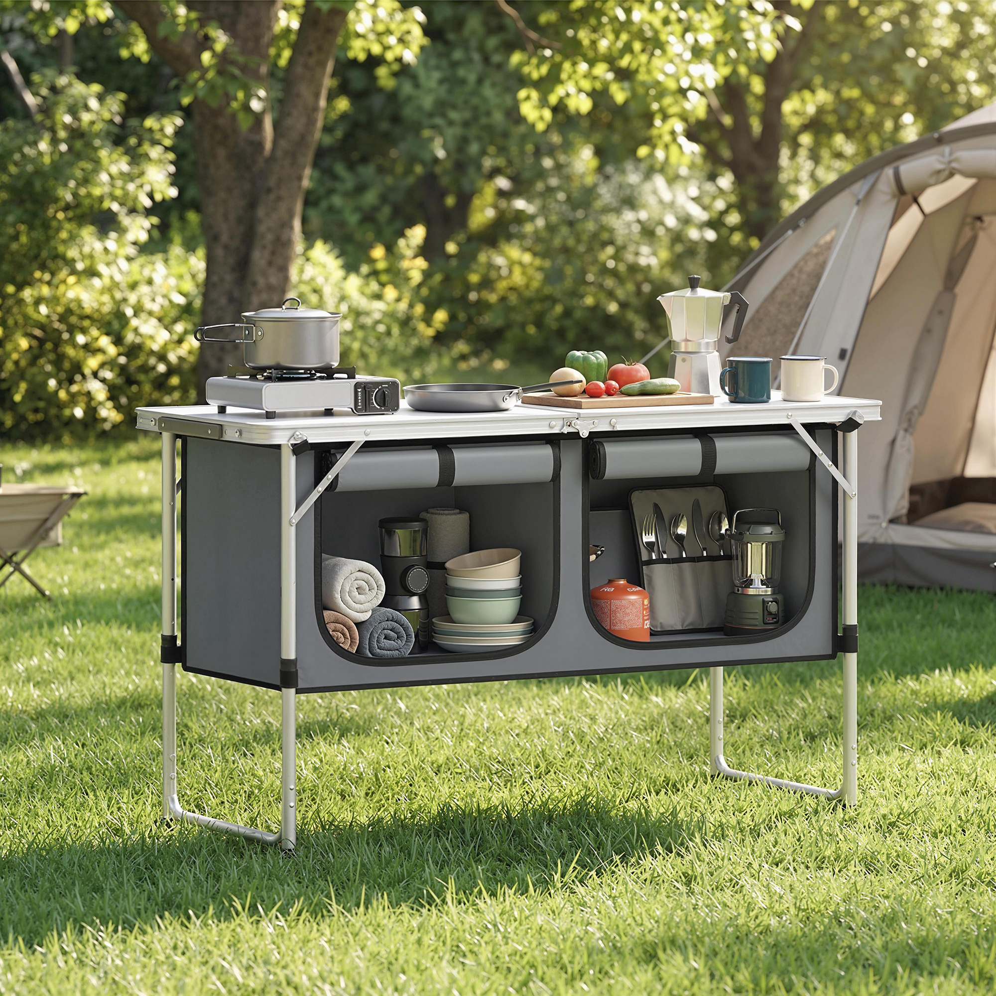 Camping Küche faltbar Campingschrank mit Aluminiumgestell Staufach Arbeitsplatte für Camping Reisen Silber