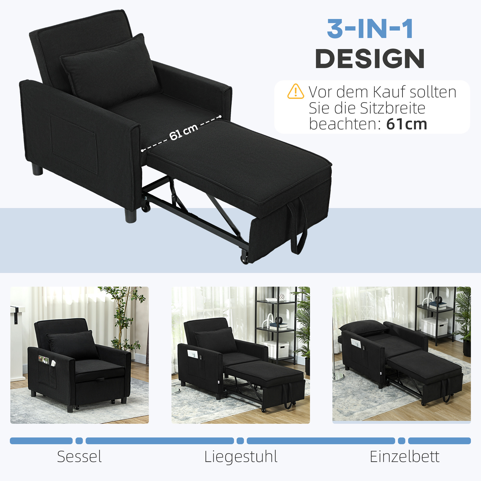 Schlafsessel, verstellbar, 3 Positionen, Cordbezug, bis 120 kg, Schwarz