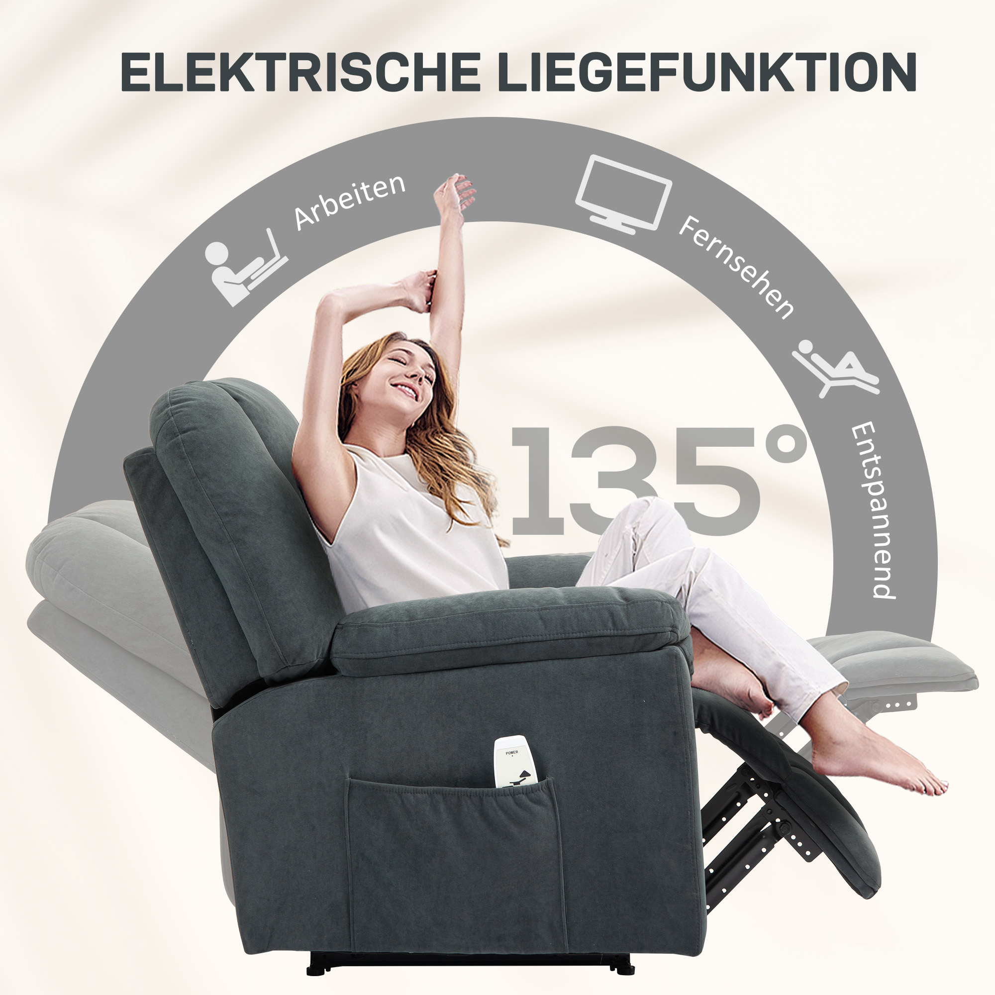 Elektrischer Relaxsessel mit Massage- und Wärme-Funktionen, Polstersessel mit USB-Anschluss, Seitentaschen, Grau