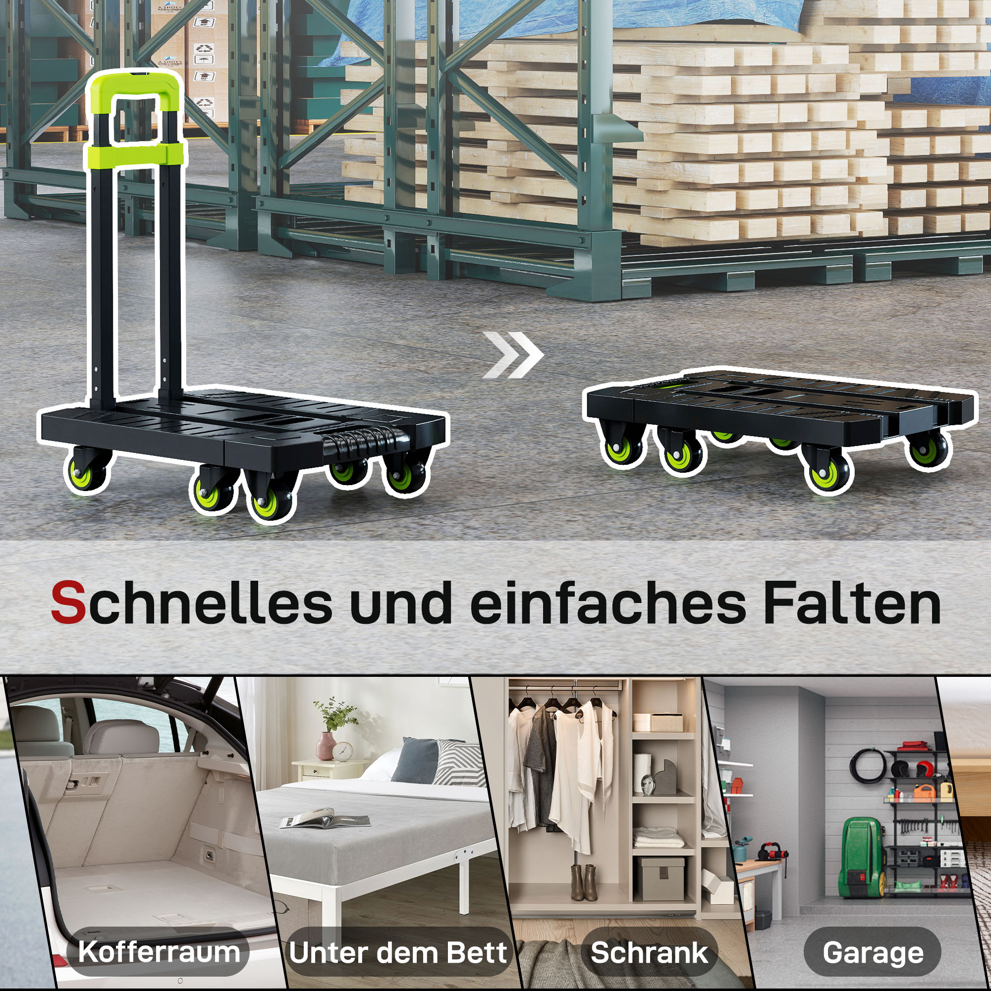 Sackkarre klappbar Metall Transportkarre mit Räder verstellbarem Griff 49 x 35 x 102 cm Grün