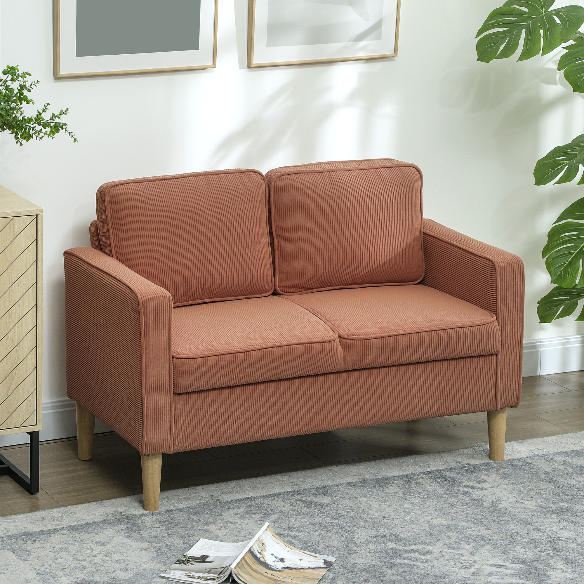 Zweisitzer-Sofa mit Stauraum und soliden Holzbeinen, für Wohnzimmer, Schlafzimmer, 117 x 63 x 79 cm, Orange