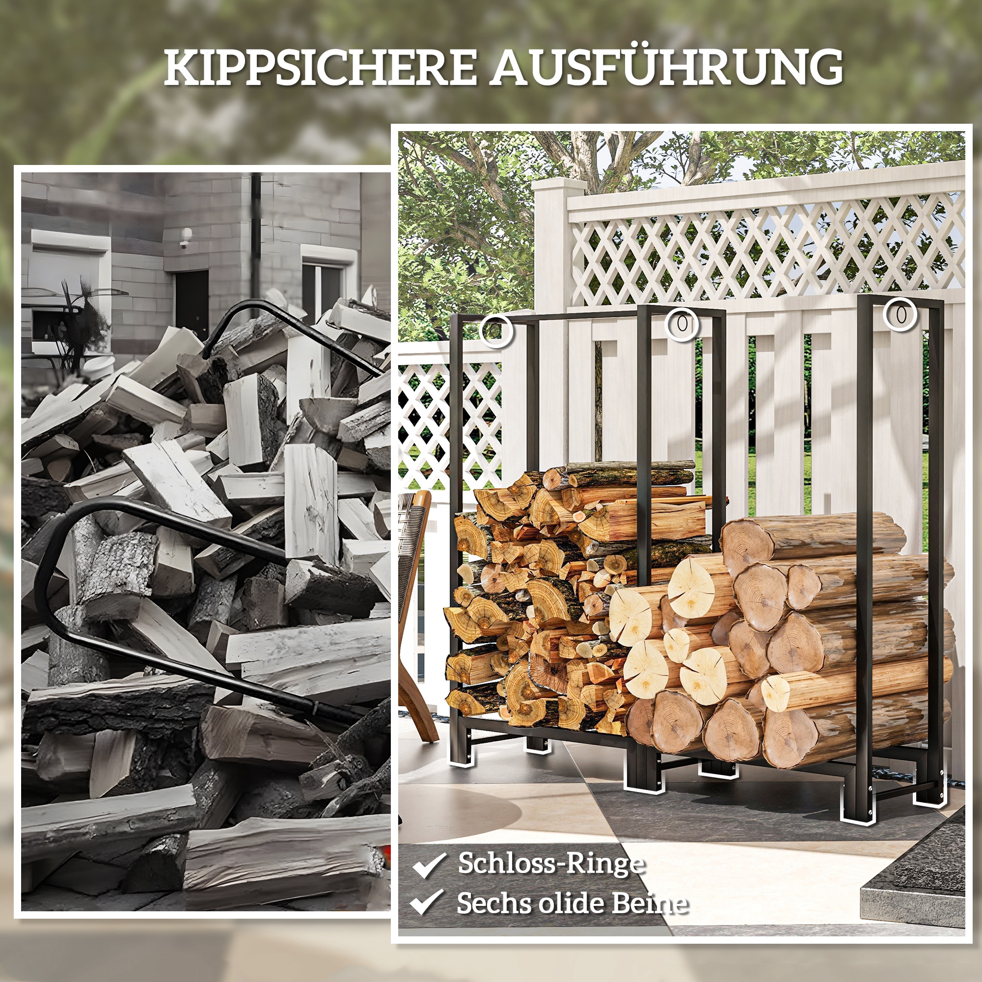 Feuerholzgestell, zwei Abschnitte, rostfreier Stahlrahmen, bis 200 kg, 123 x 32 x 115 cm, Schwarz