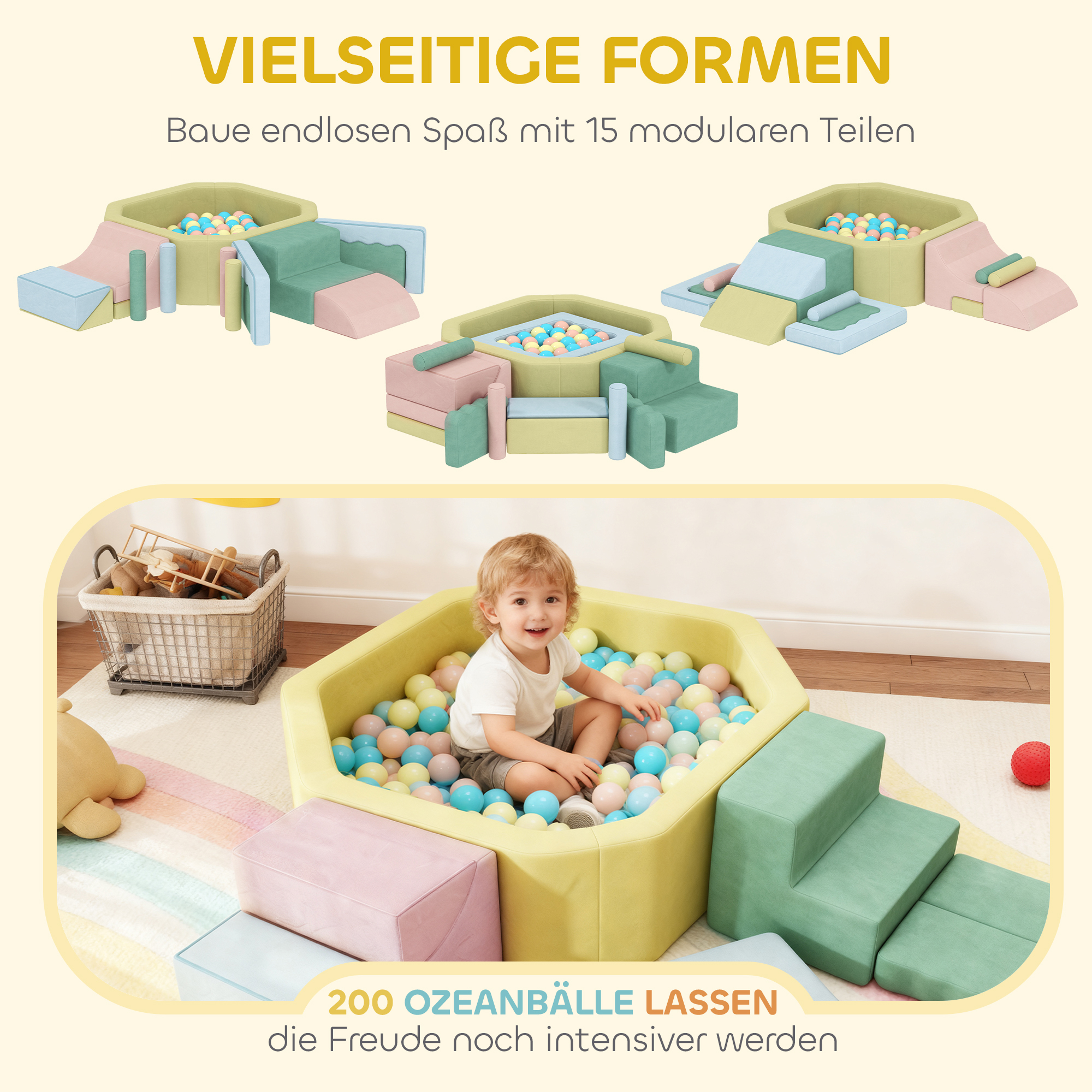 15-teiliges Softbaustein-Set, 200 Kunststoff-Bälle, Bällebad für Kleinkinder, Indoor, Schaumstoff, Bunt