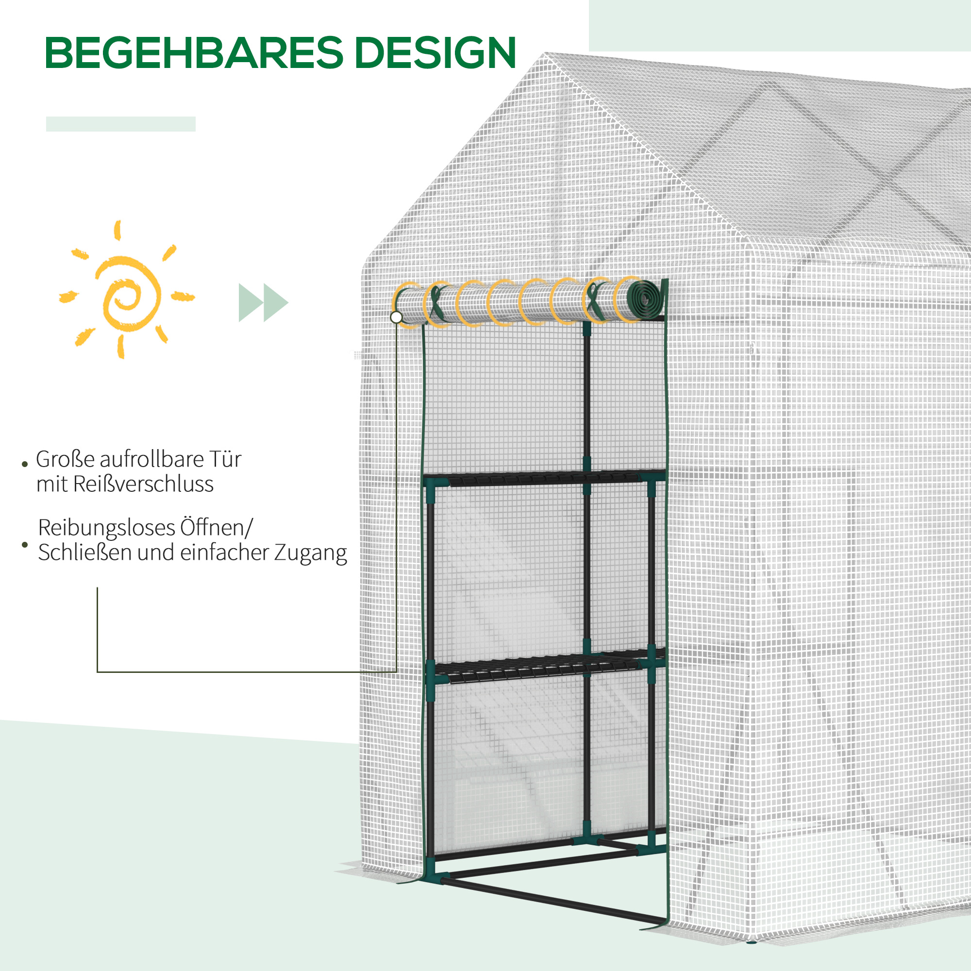Foliengewächshaus begehbares Gewächshaus mit 4 Regalebenen Tomatengewächshaus Treibhaus Frühbeet mit Reißverschlusstüren Weiß Stahl PE-Kunststoff 143 x 143 x 195 cm