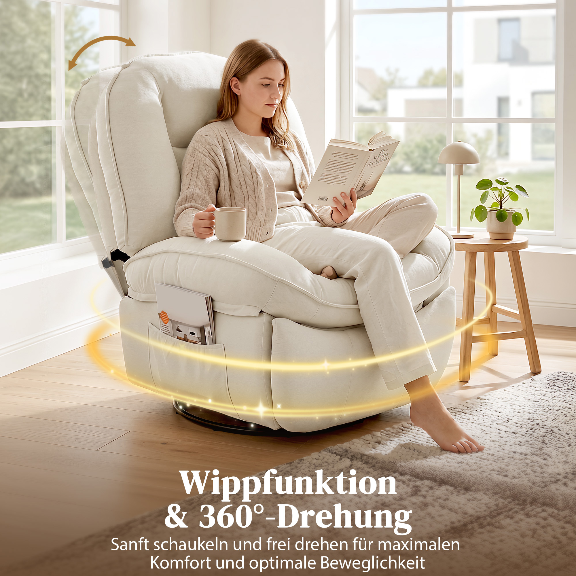 Relaxsessel, Drehbarer Schaukel- und Liegestuhl mit Tiefer Sitzfläche, Dickem Rückenpolster, Einfacher Montage, Creme