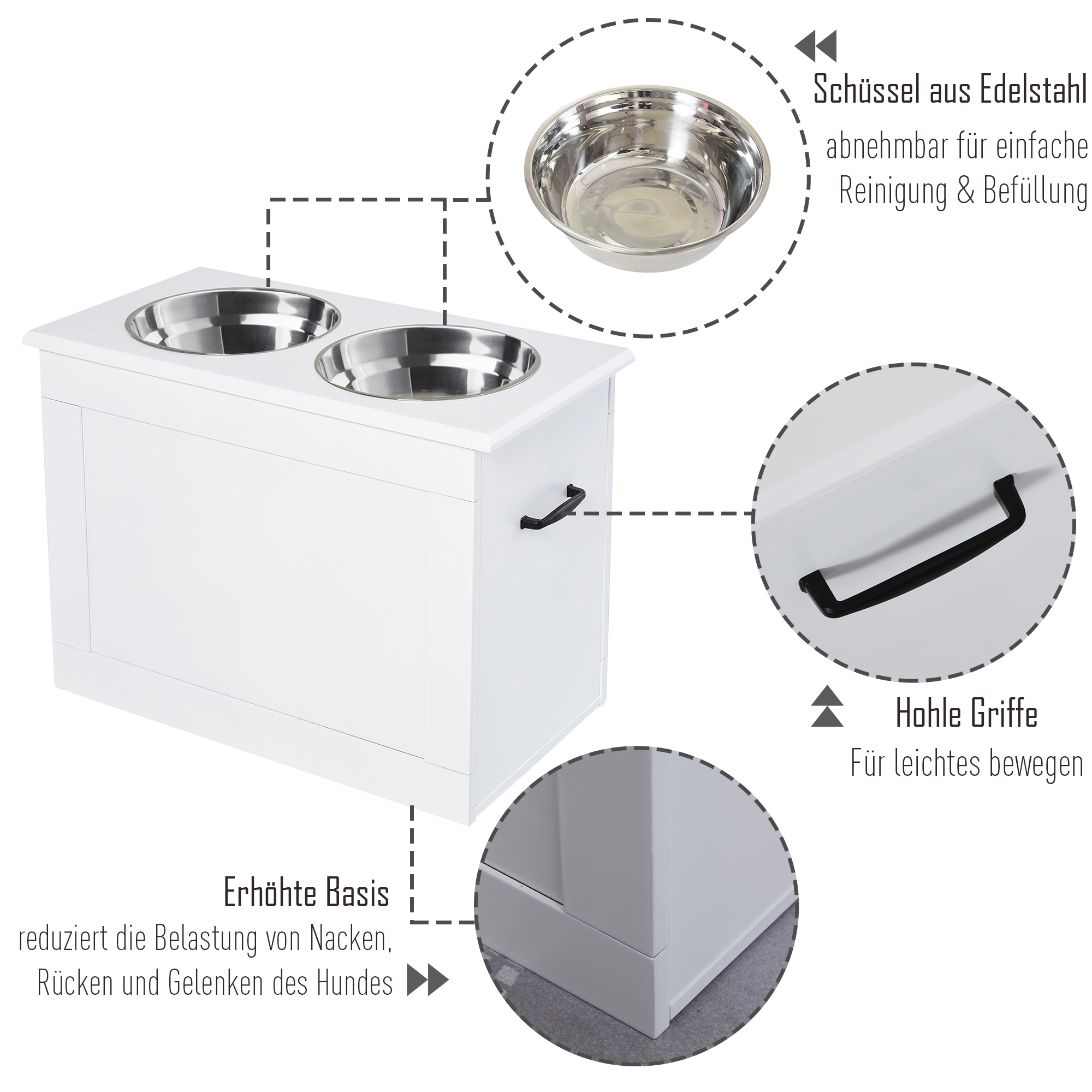 erhöhter Hundenapf Futternapf mit Staumraum Wassernapf 2 x 2000ml Edelstahlnäpfen Hundenäpfe Fressnapf Futterstation für Hunde Katzen Weiß