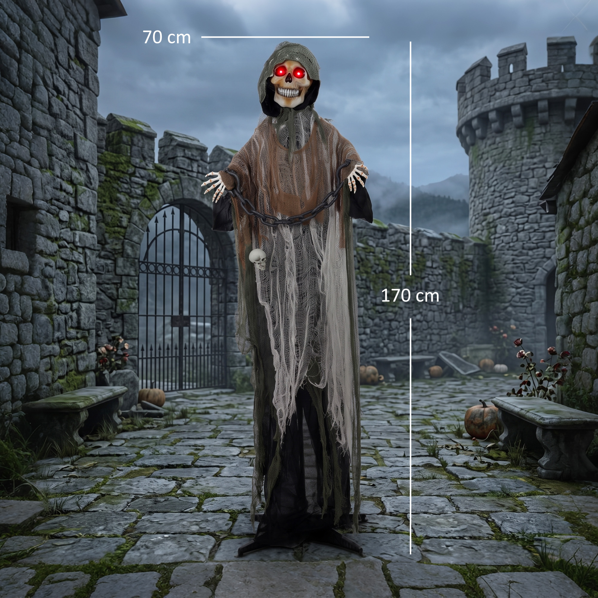 animierter Sensenmann, 170 cm, lebensgroße Halloween-Animatronic mit beweglichen Händen/Kopf, leuchtenden Augen und Gruselsound