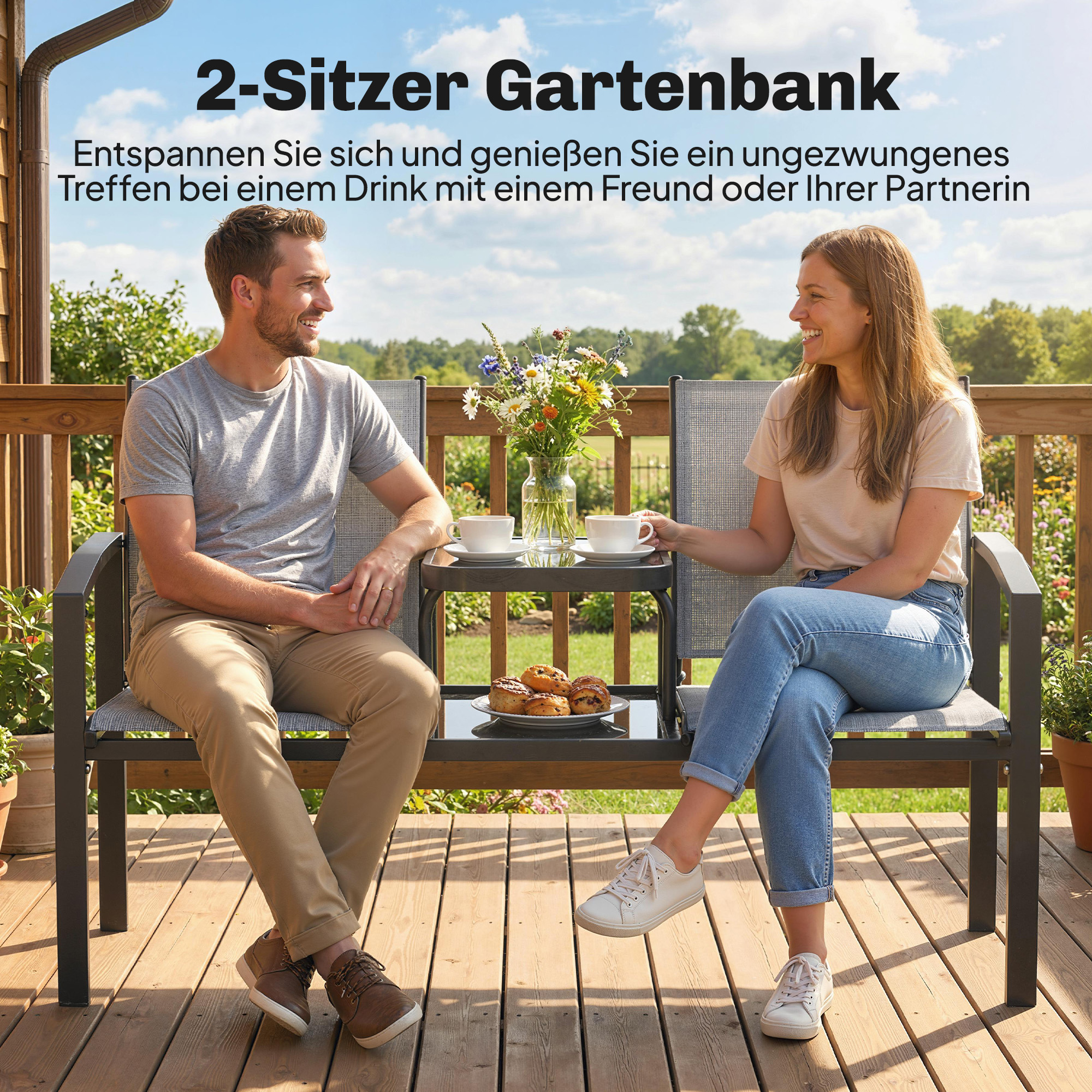 2-Sitzer Gartenbank Sitzbank mit Rücken- & Armlehnen, 2-stufigem Glastisch Parkbank 240kg belast 135 x 67 x 81 cm Grau