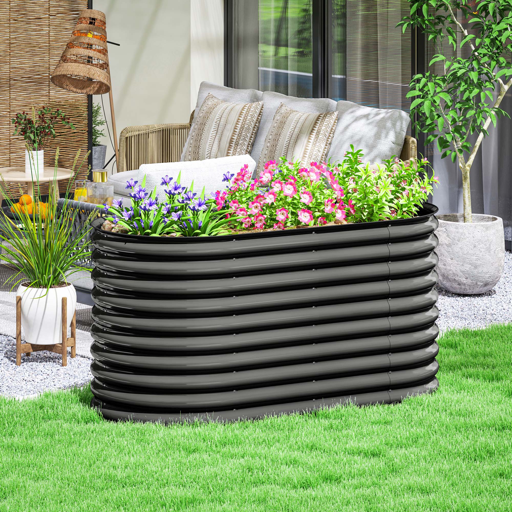 Pflanzkübel, Metall-Blumenkübel mit Sicherheitskante und Handschuhen, offener Boden, 160B x 80T x 80H cm, Dunkelgrau