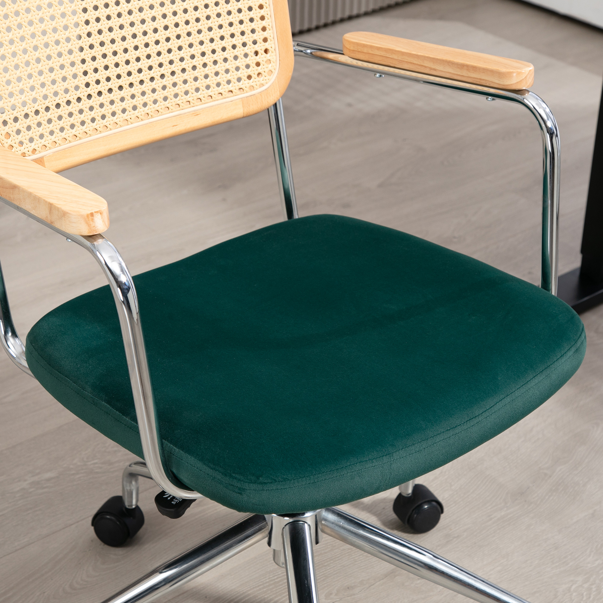 Bürostuhl, Boho-Design, Holzarmlehnen, drehbar, verstellbar, bis 120 kg, Stahl, Grün