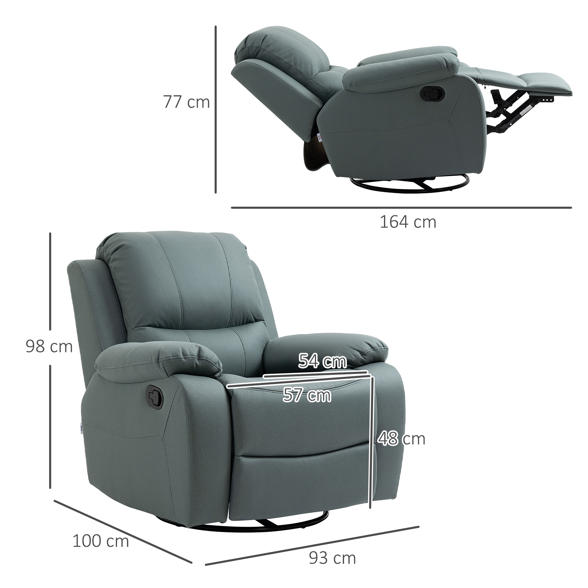 Relaxsessel mit Neigungsverstellung bis 135° 360 Grad drehbar 93 cm x 100 cm x 98 cm Stahlgestell Grün