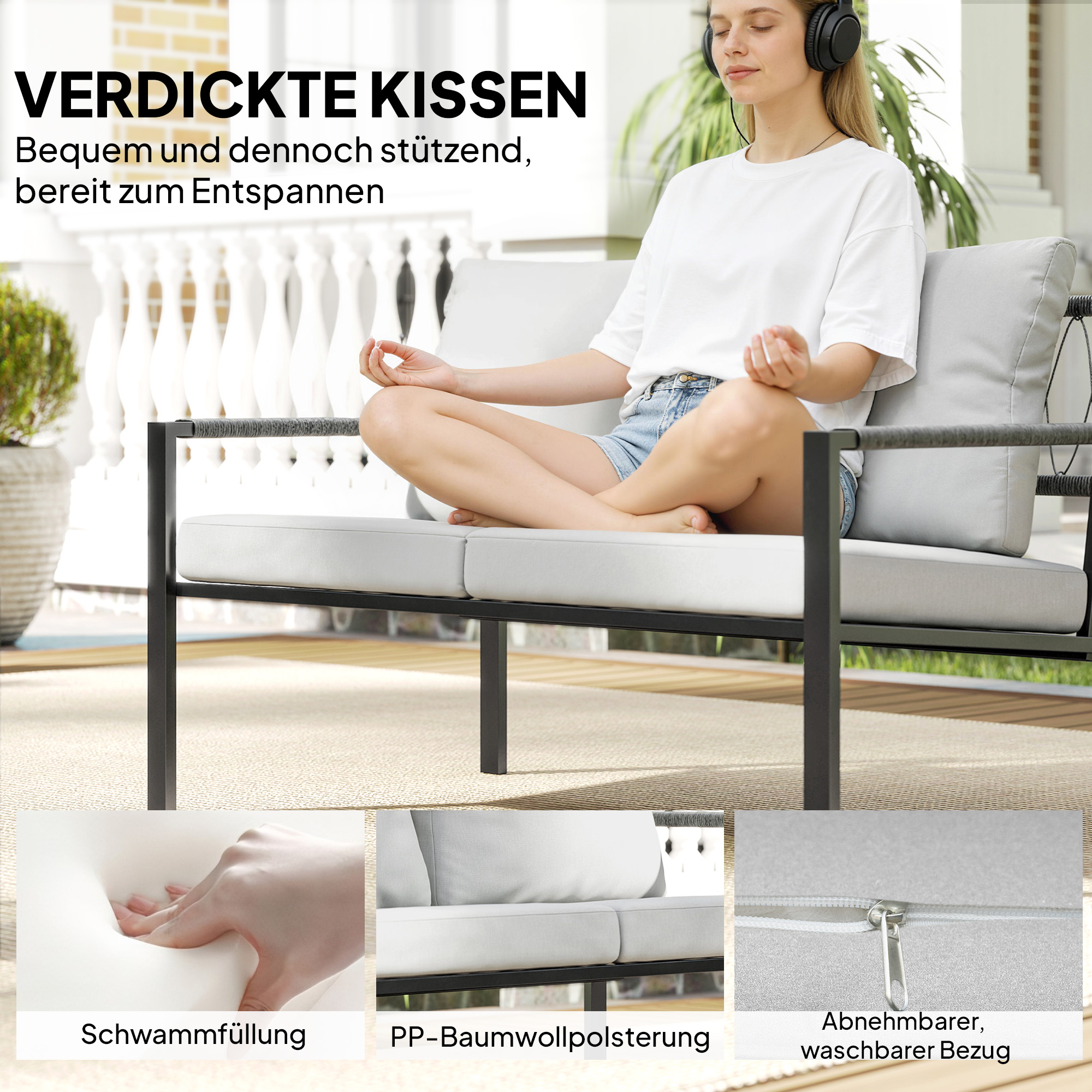 Gartenmöbel Set 4 Personen wetterfest Balkonmöbel-Set mit 2er Sofa, Sessel Sitzkissen Beistelltisch Hellgrau