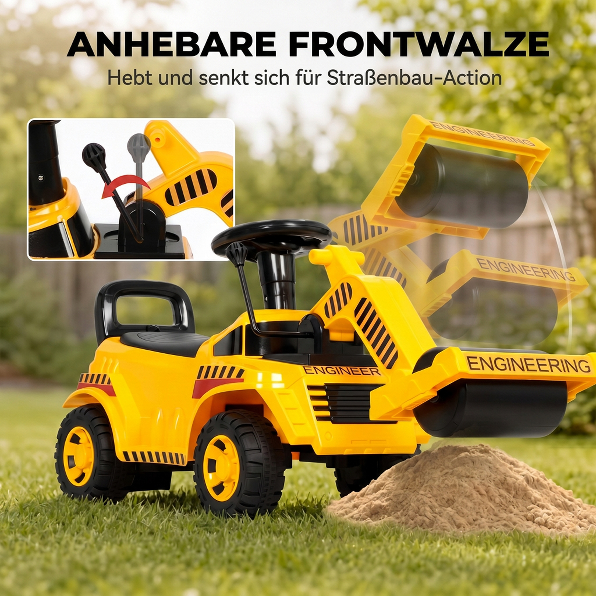 Sitzbagger Aufsitzbagger mit Schaufel Lenkrad Kinderbagger mit anhebbarer Frontwalze, Hupe, Stauraum unter dem Sitz