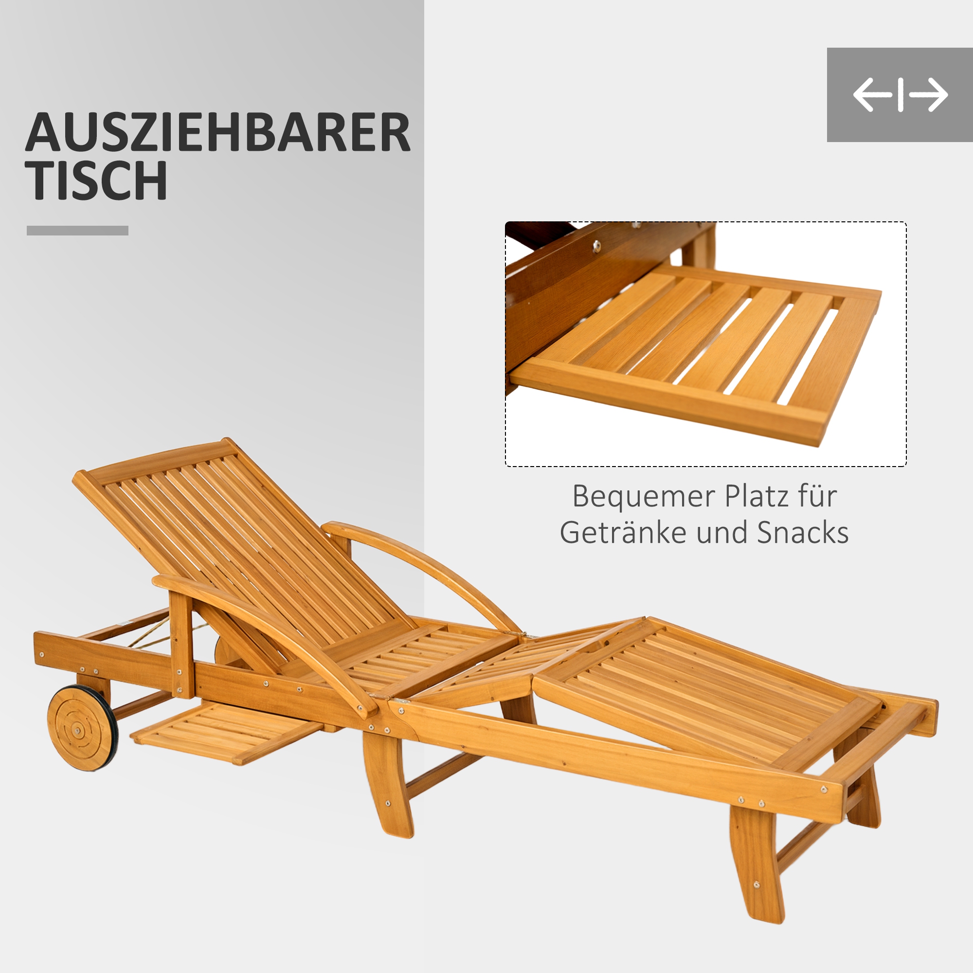 Sonnenliege Holz klappbar Gartenliege mit Seitentisch, Rolle, 4-Fach verstellbare Rückenlehne Teak