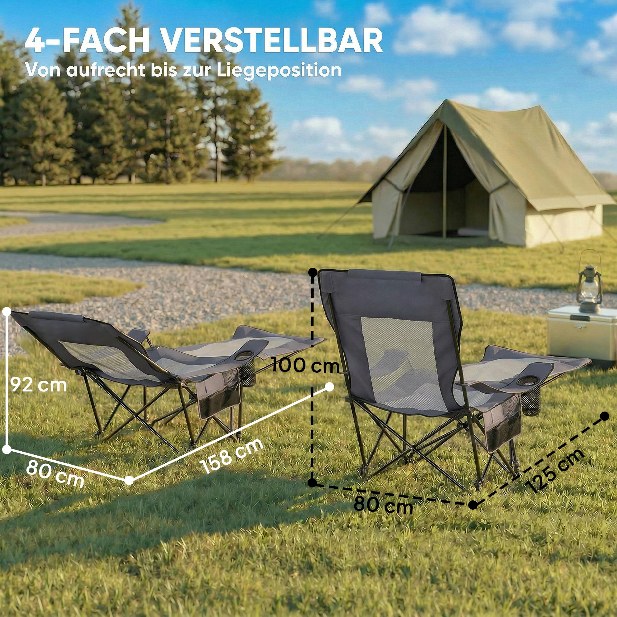 2er Set Campingstuhl faltbar Angelstuhl mit verstellbarer Rückenlehne Fußablage Getränkehalter Kopfstütze Dunkelgrau